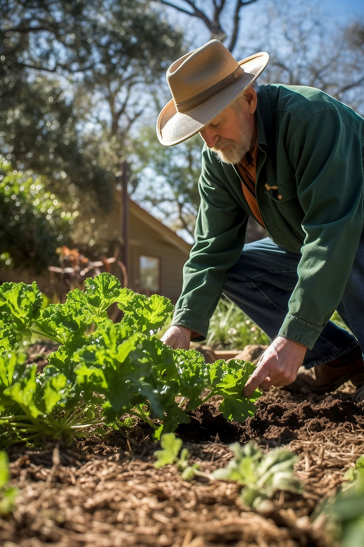 A proud American man standing in his home gardens, showcasing his gardening achievements and love for nature.