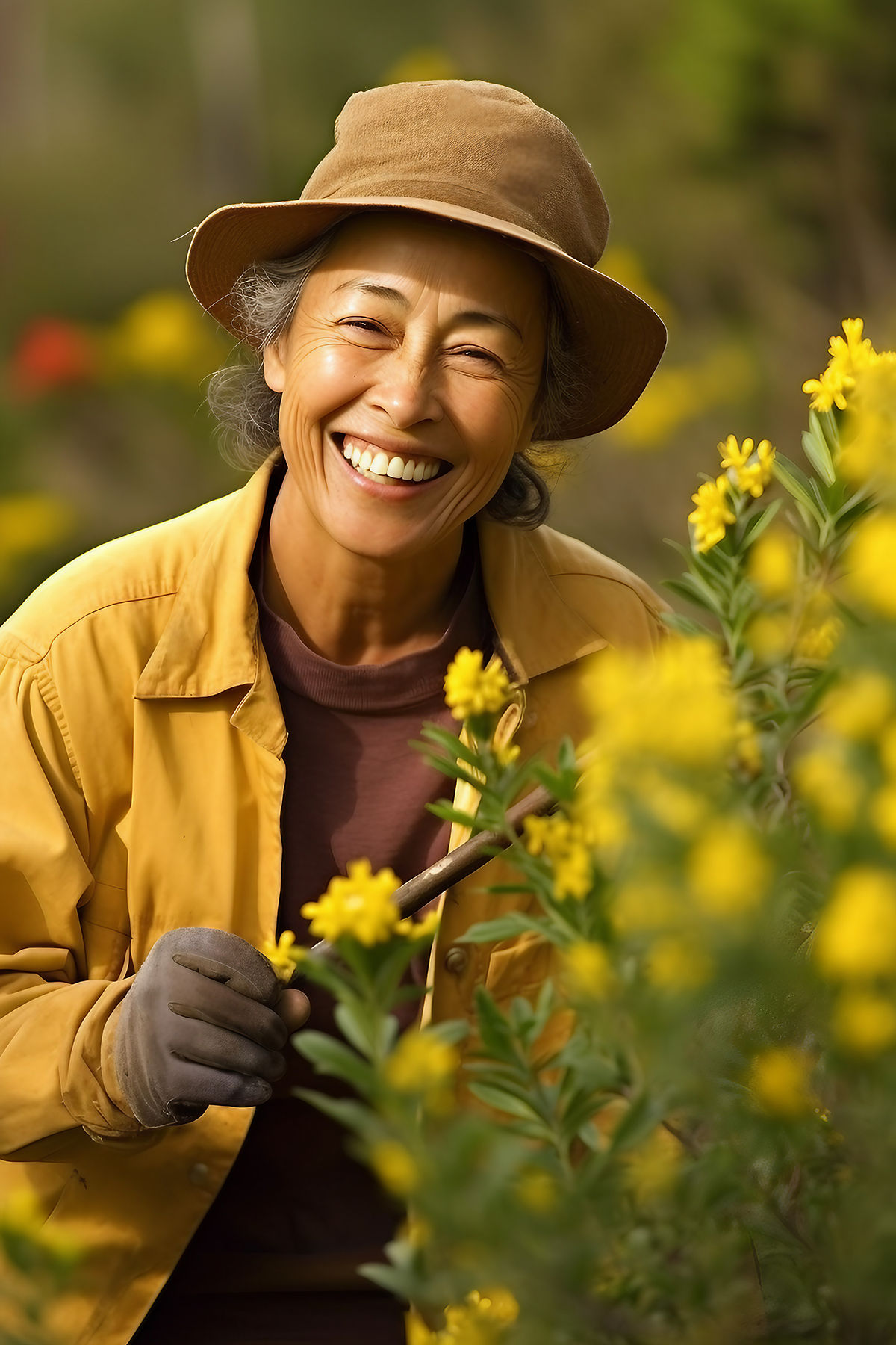 A happy American woman with a smiley face, planting native flowers and embracing the beauty of nature.