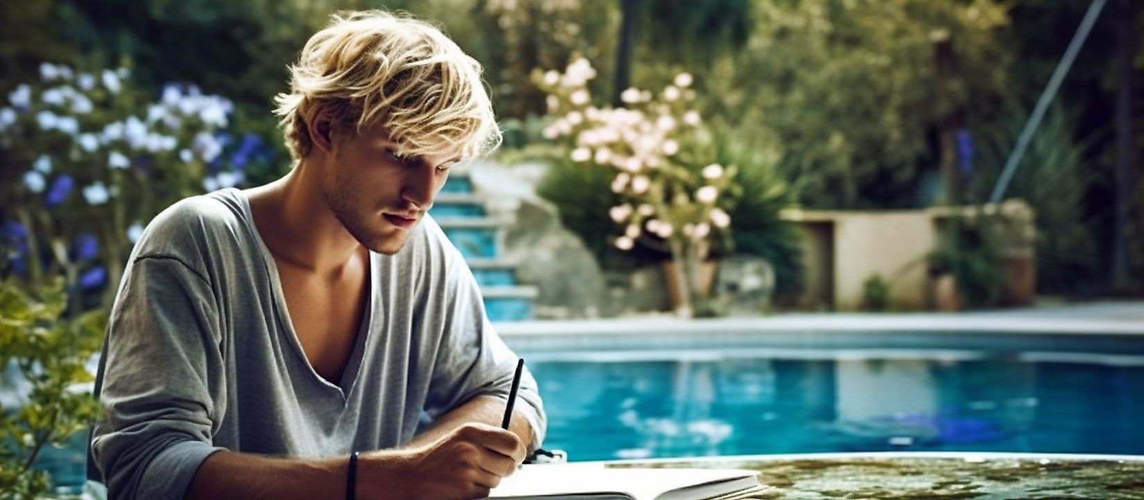 Contemplative artist sketches, immersed in thoughts, envisioning beautiful landscapes.
