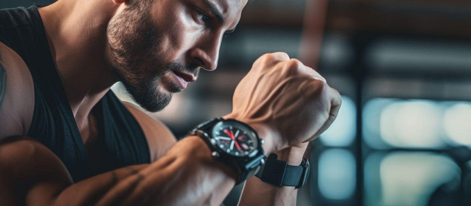 Focused steven admiring his fit physique with the advanced fitness watches