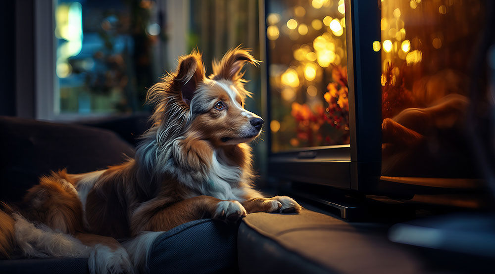 dog sits on a sofa, attentively watching television where the ultrasonic sounds appear.