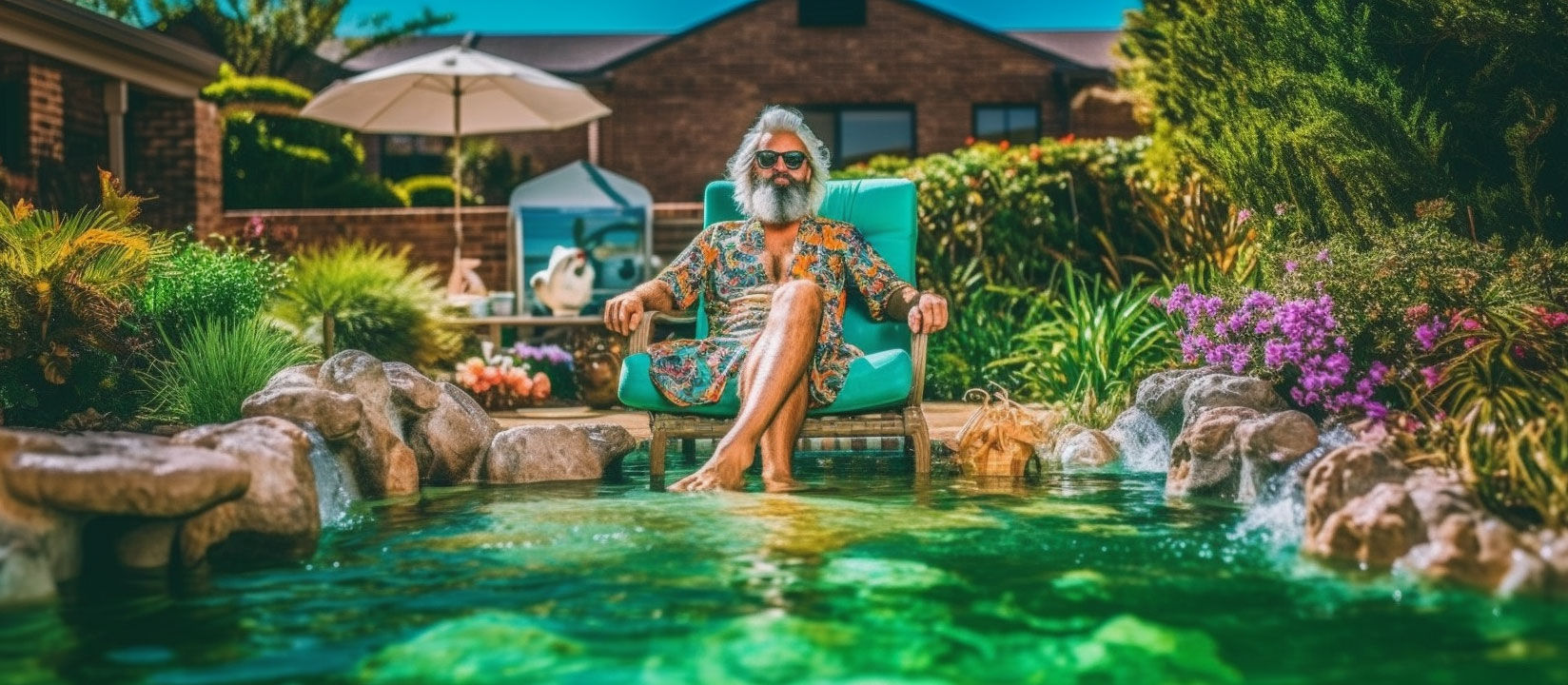 Cheerful American adult enjoying fun times in backyard pool garden.
