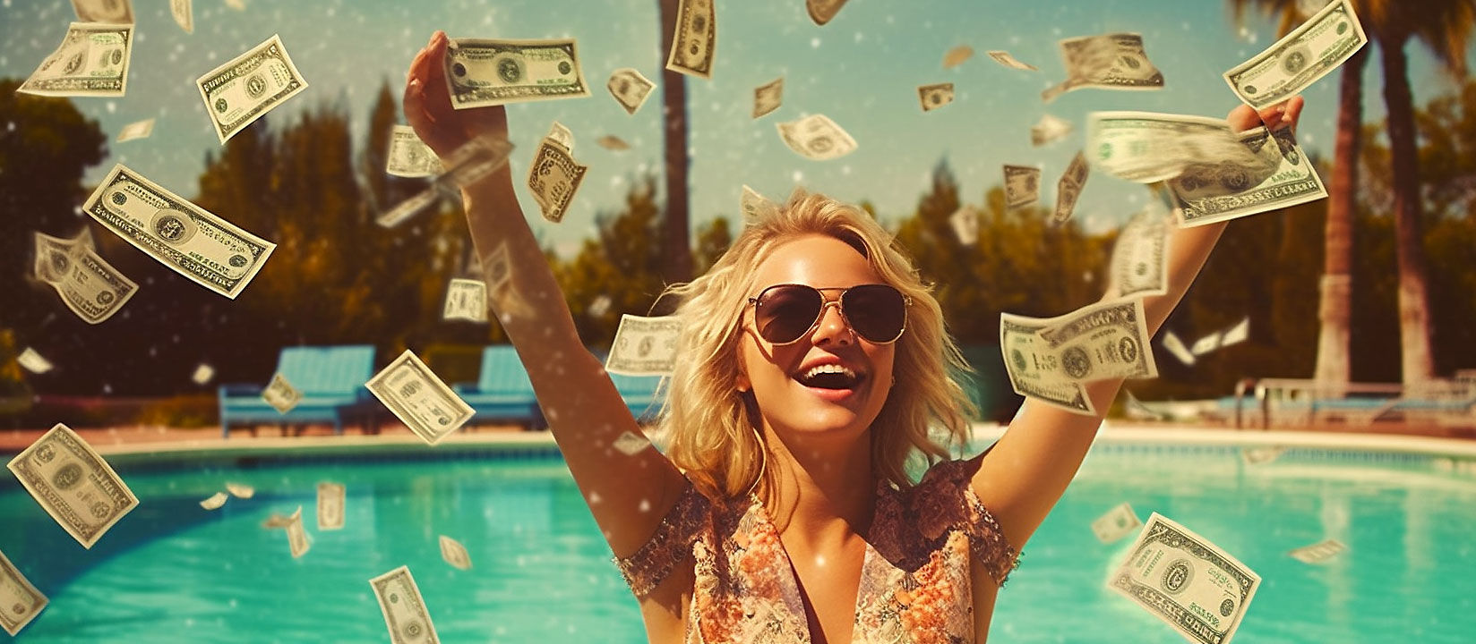 Joyful blond woman with American cash at vibrant poolside garden.