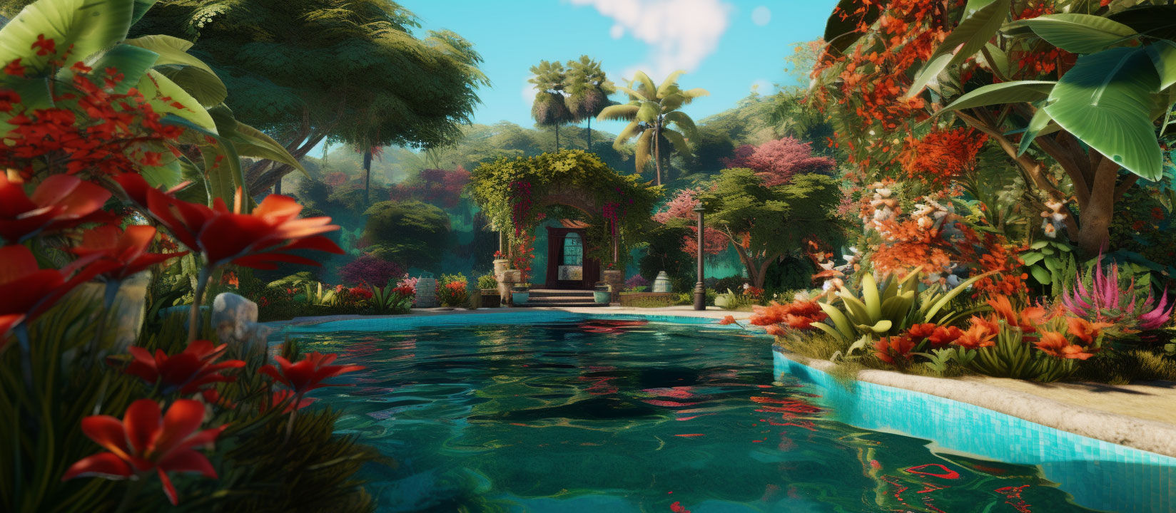 Paradisiacal poolside garden, resplendent in lush greenery and flowers.