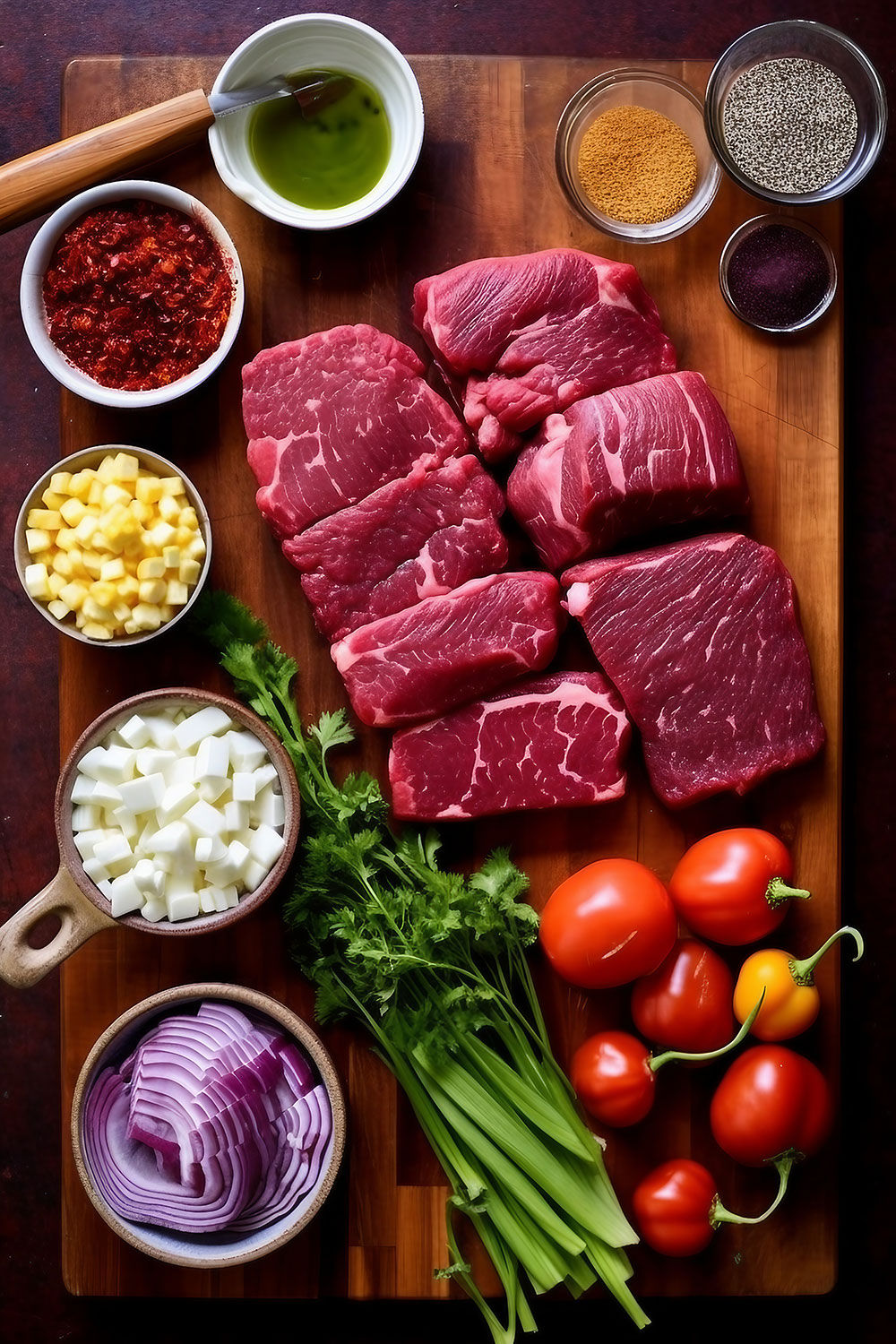the preparation of ingredients for a scrumptious Beef Chili recipe.