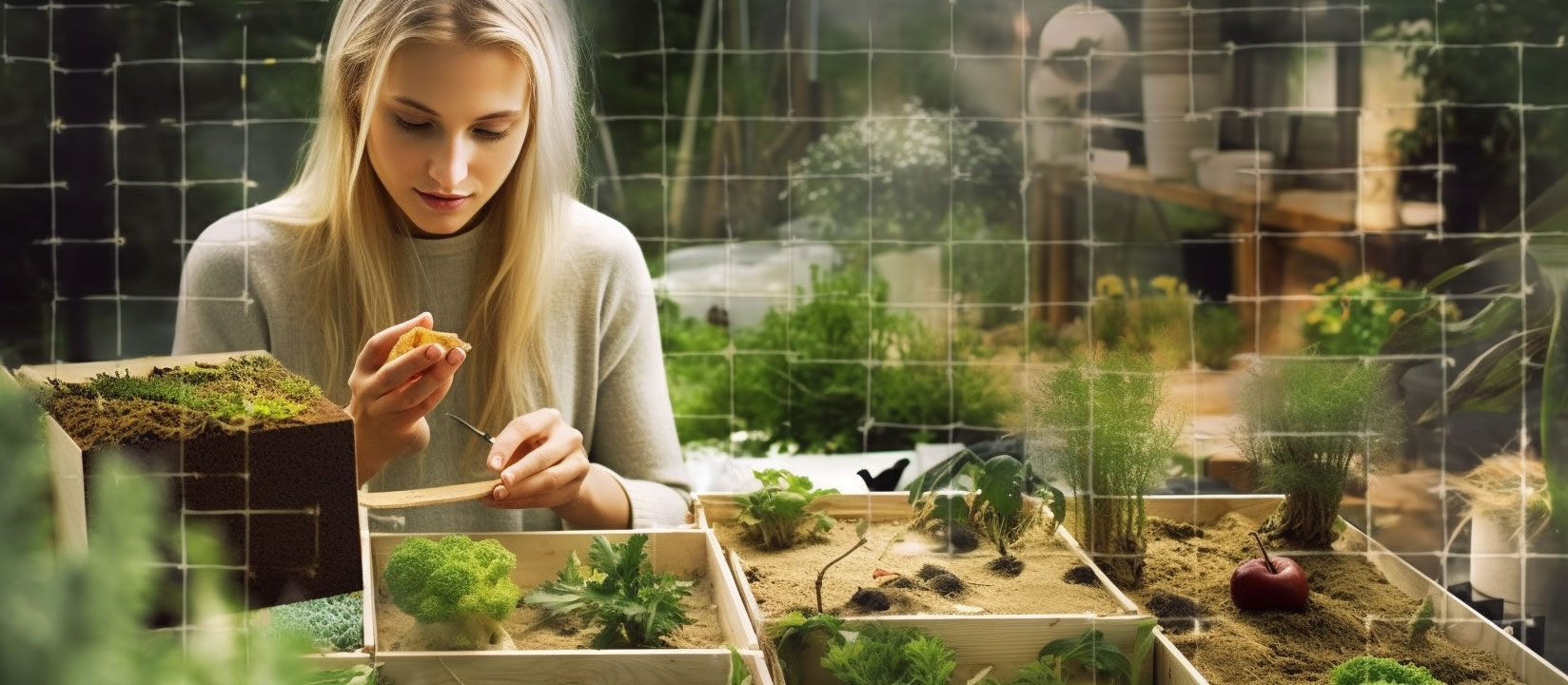 Woman planning square foot gardening tools and plants.