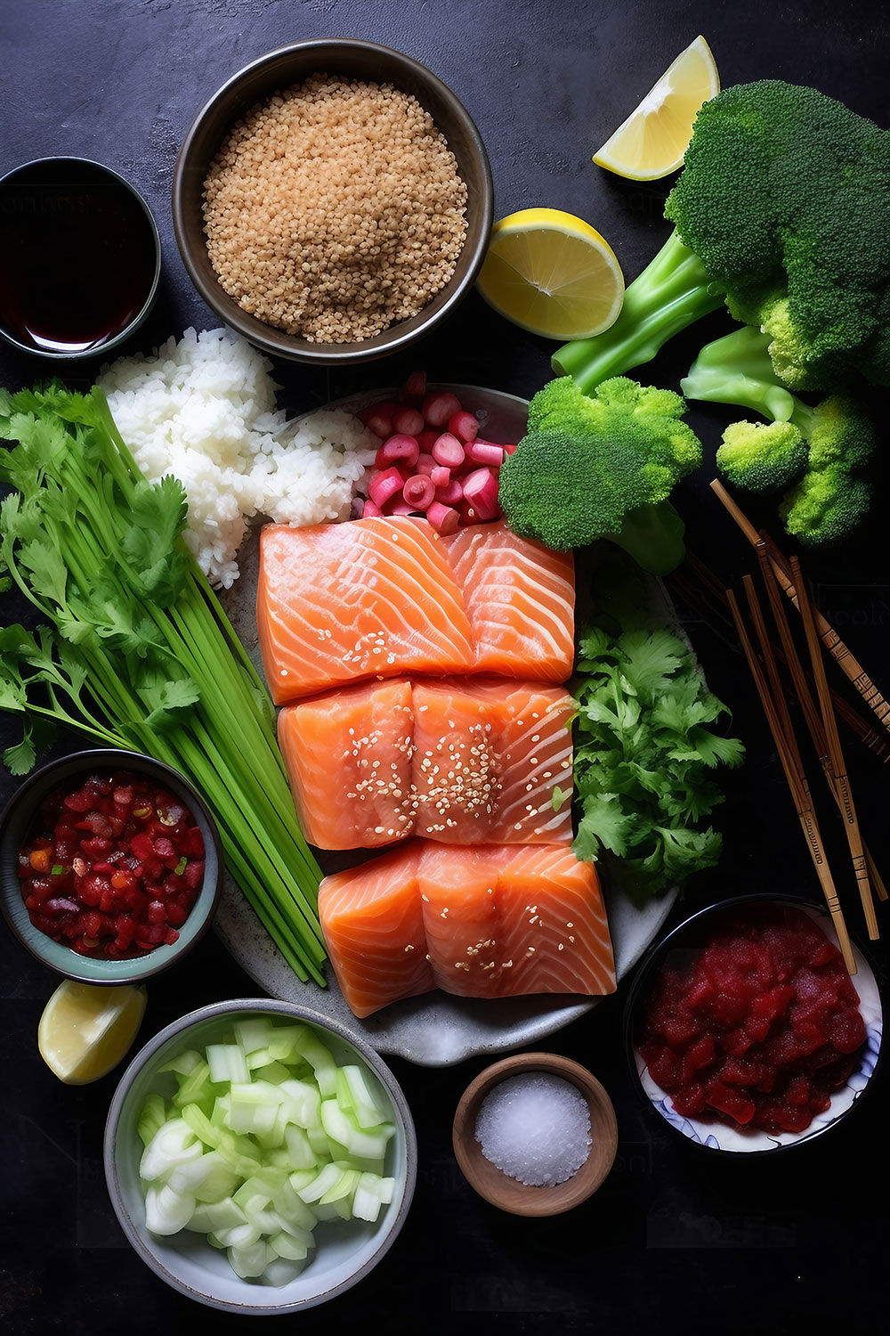A vibrant image showcasing the process of making a Spicy Salmon & Rice Bowl with ingredients.