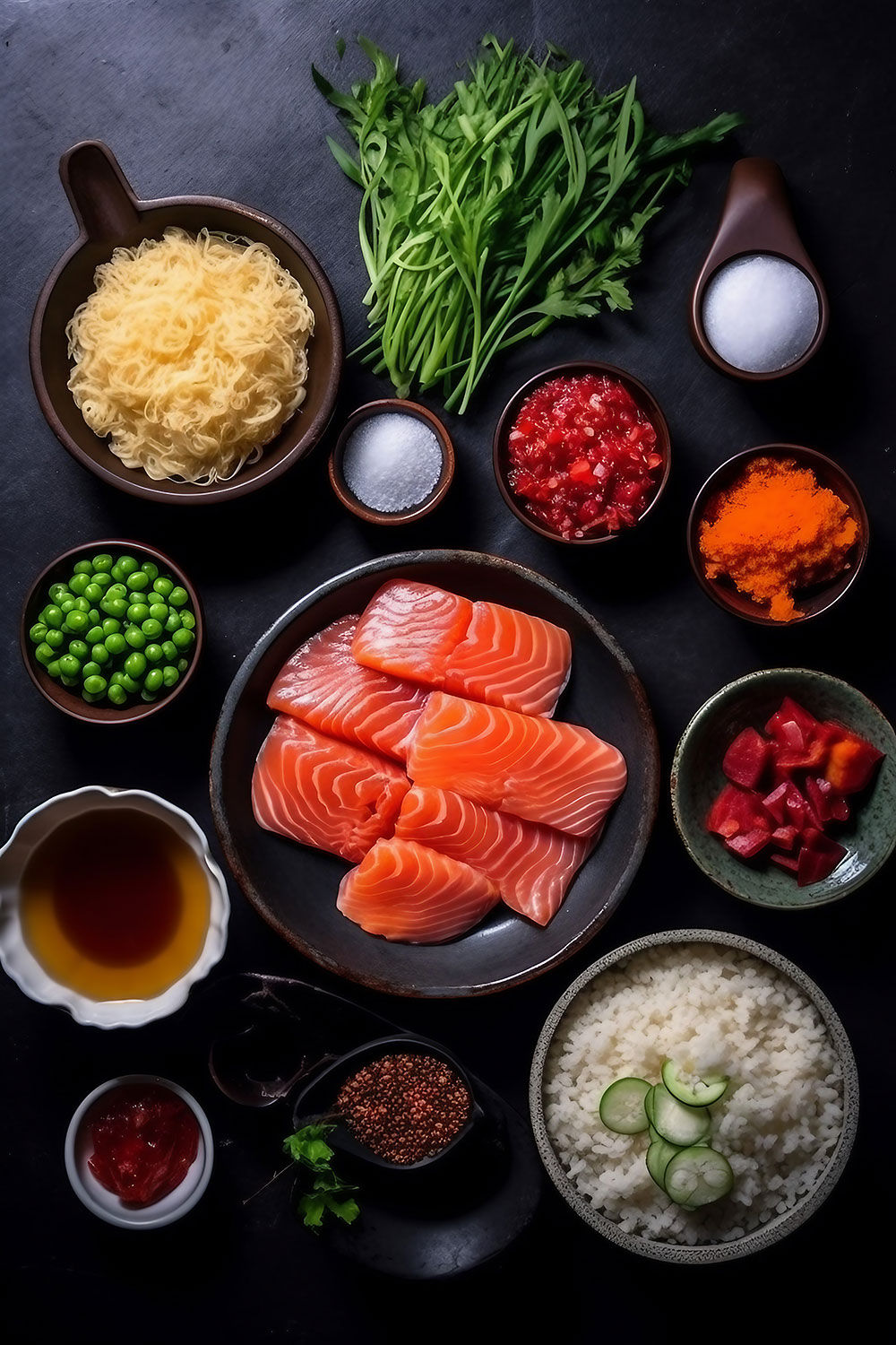 A tantalizing food capturing the preparation of a Spicy Salmon Rice Bowl with fresh ingredients.
