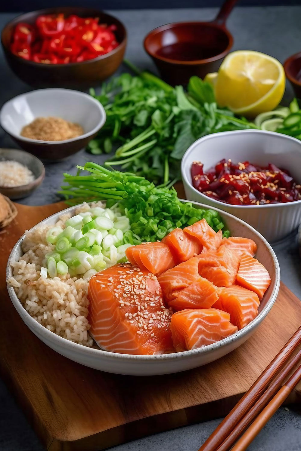 the ingredients for a delectable Spicy Salmon Rice Bowl.