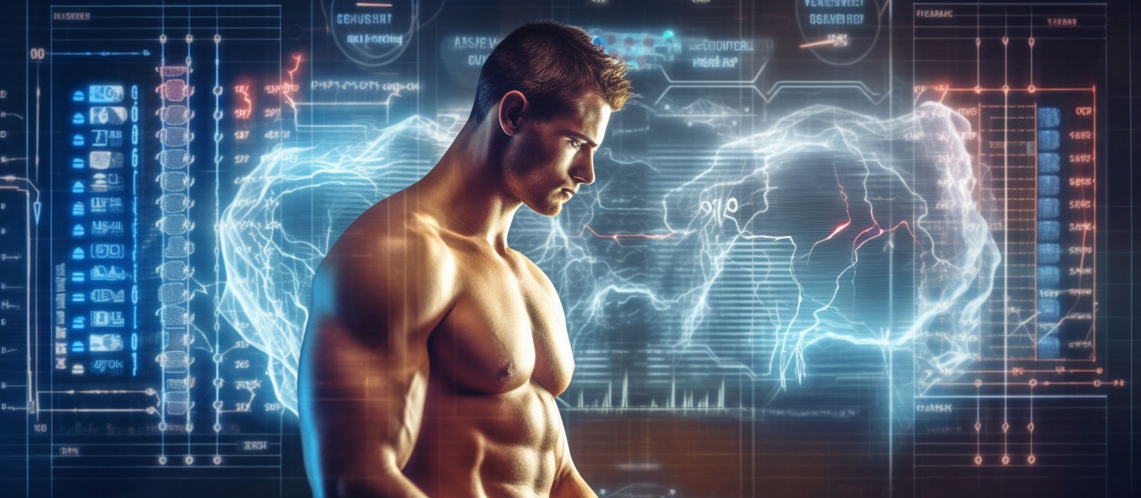 Muscular young American man intensely examining his physique heart beat in mirror.