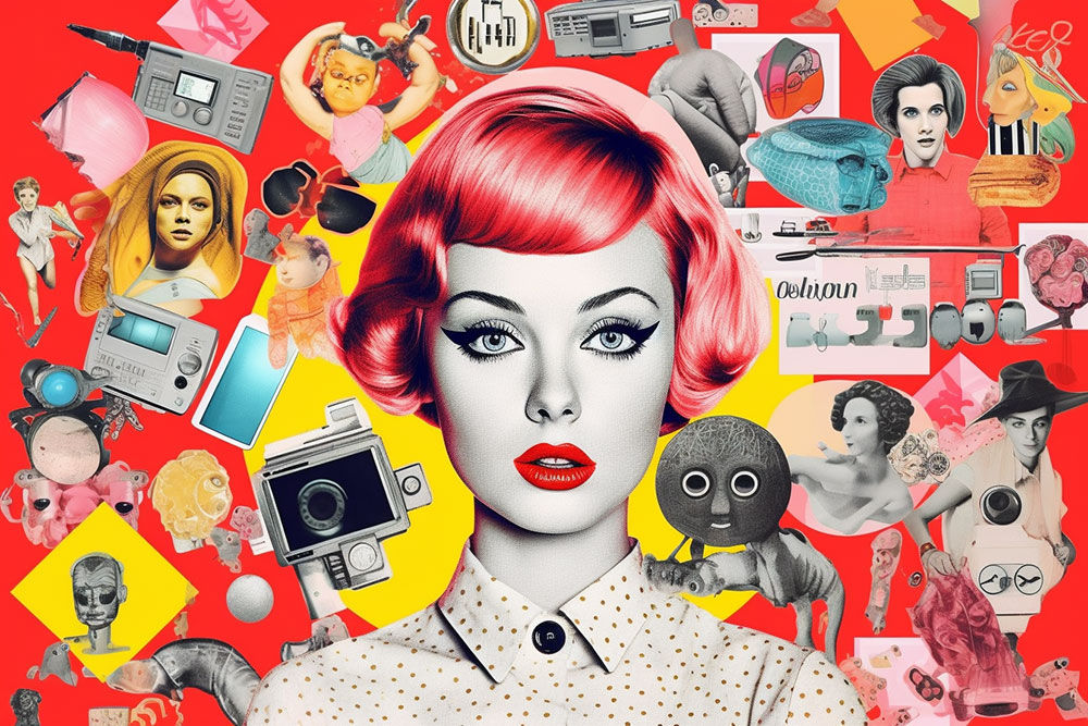 A visually captivating pop art surreal collage illustration showcasing the concept of AI consciousness.