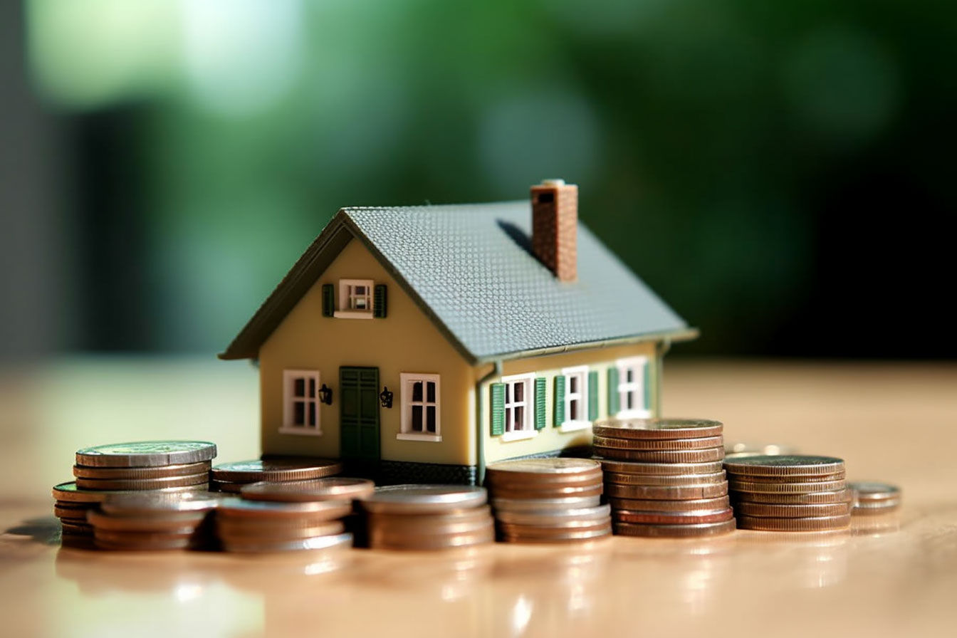 A graphic showing a laptop with a LenderFi Refinance mortgage application form and a house in the background.