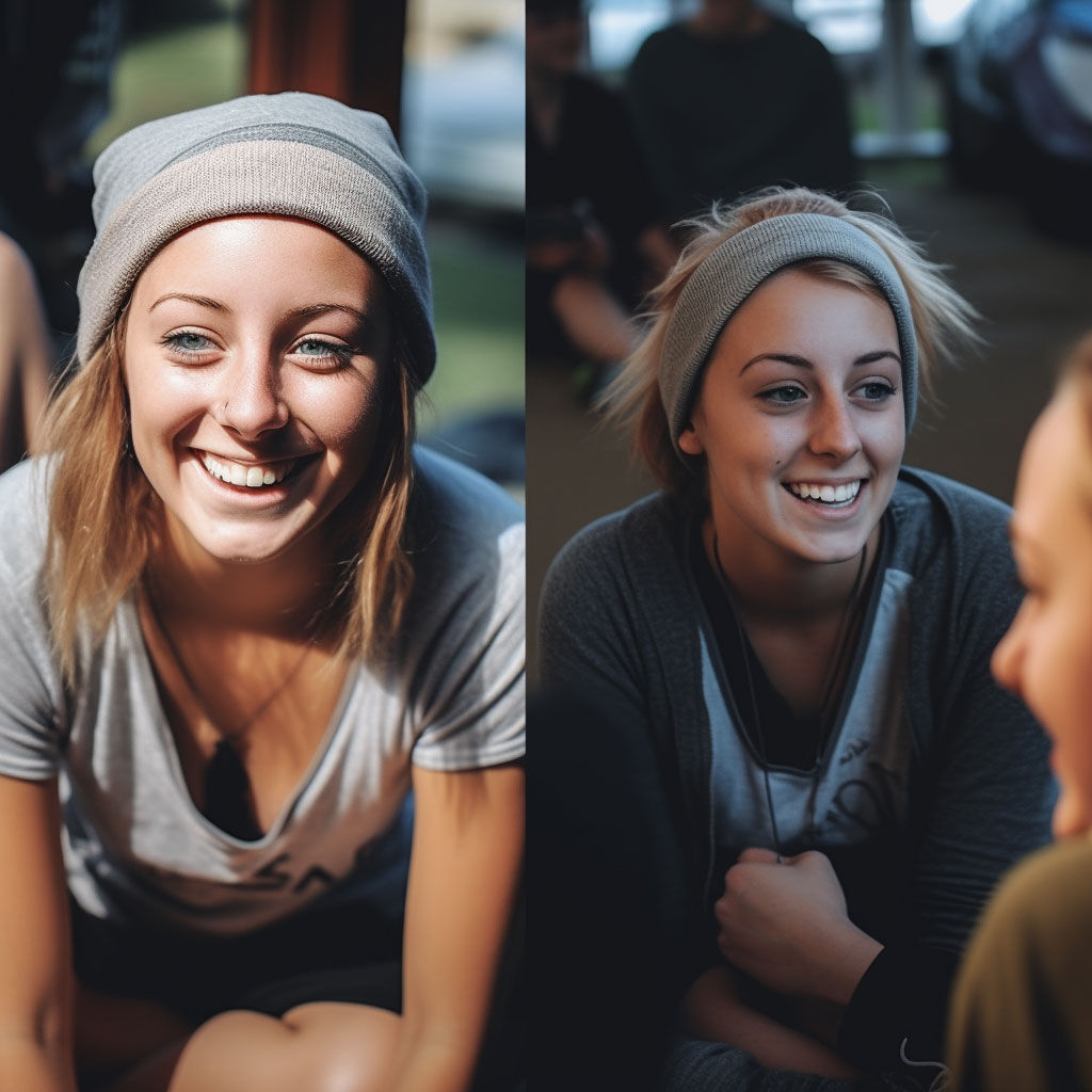 Sarah engaging in conversation, connecting with fellow young teenager in community.