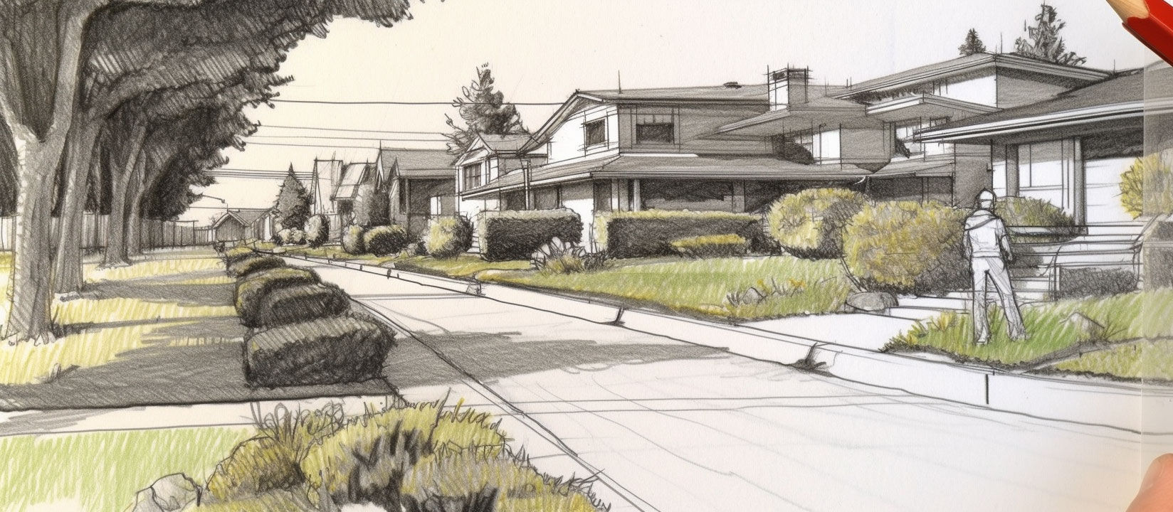 Hand-drawn curb appeal landscaping ideas sketch with beautiful nature elements.