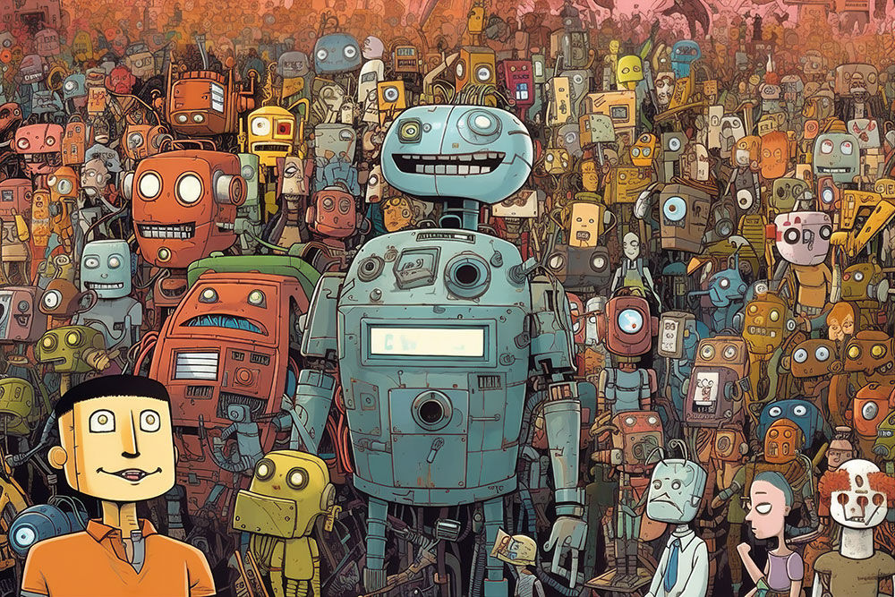 Vibrant, imaginative, and eclectic robots taking human ai jobs in future.