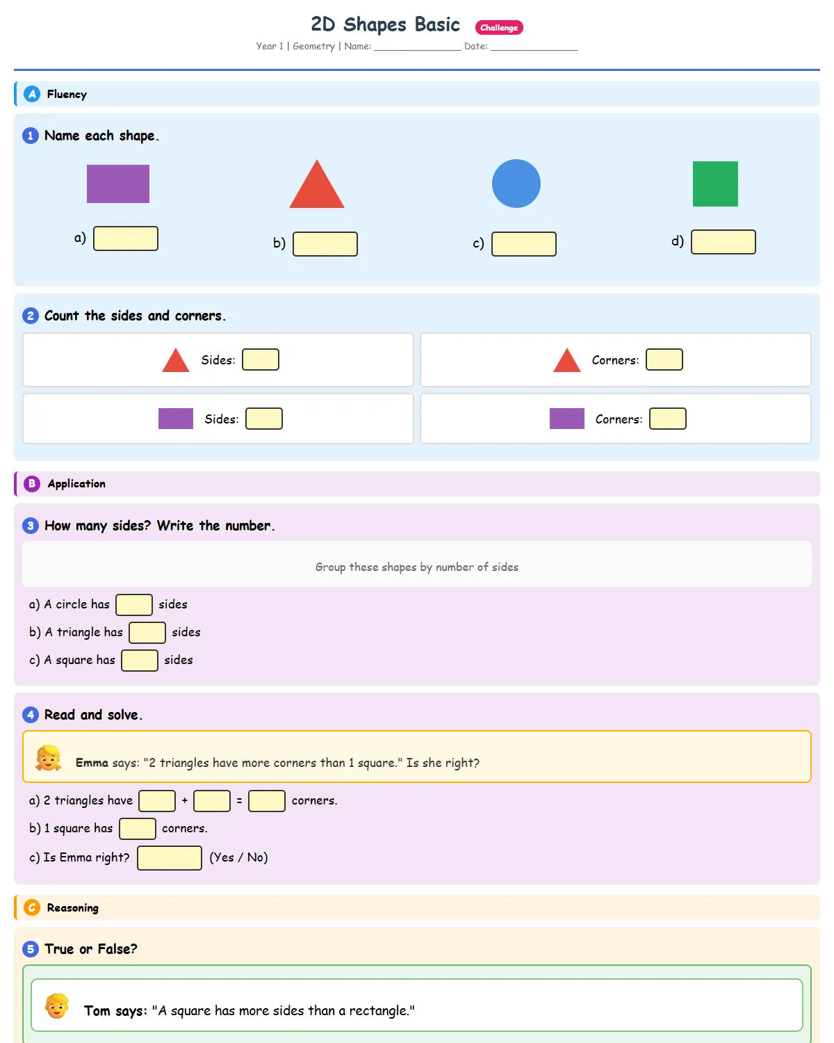 2D Shapes Basic - Challenge - Free Printable Year 1 (G...
