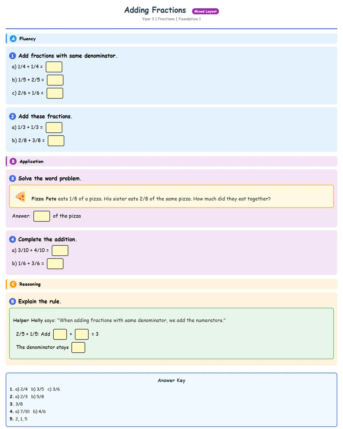 Adding Fractions - Foundation 1 - Free Printable Year ...