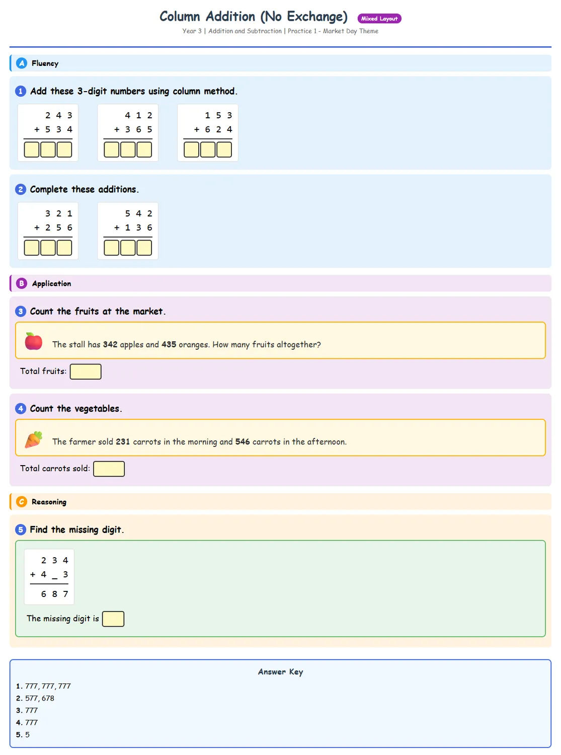 Free Year 3 Column Addition No Exchange Worksheet | Math ...