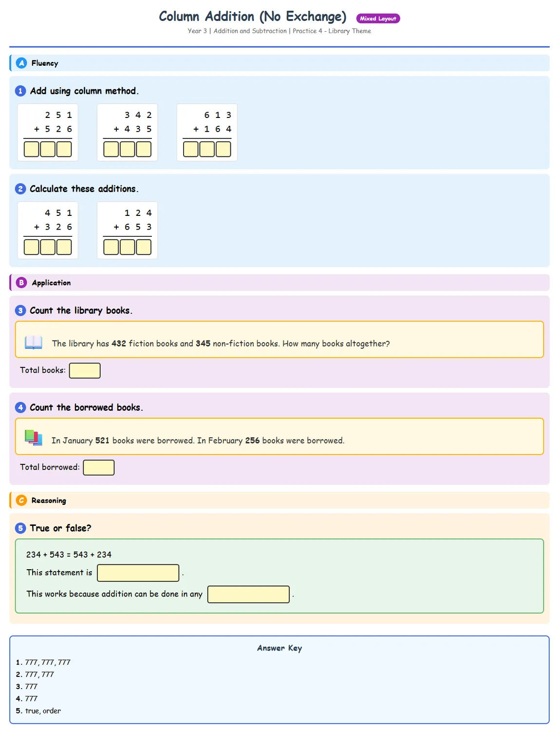 Free Year 3 Column Addition No Exchange Worksheet | Math ...