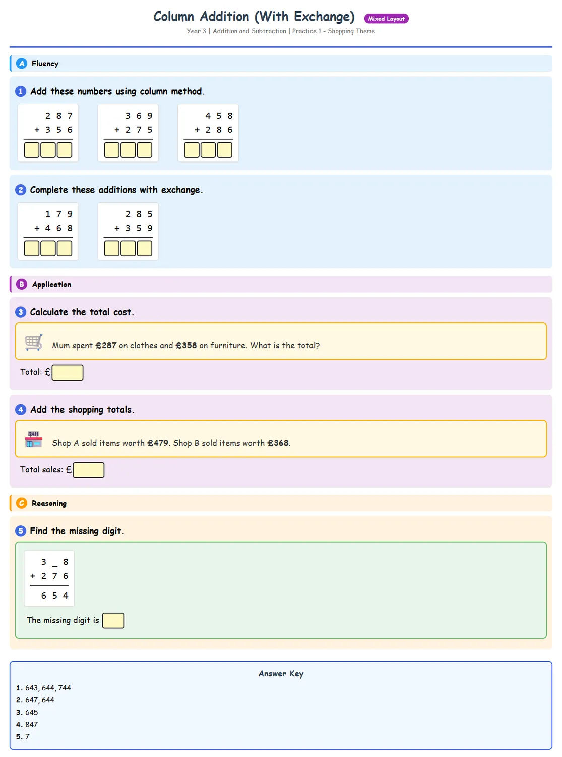 Free Year 3 Column Addition With Exchange Worksheet | Mat...
