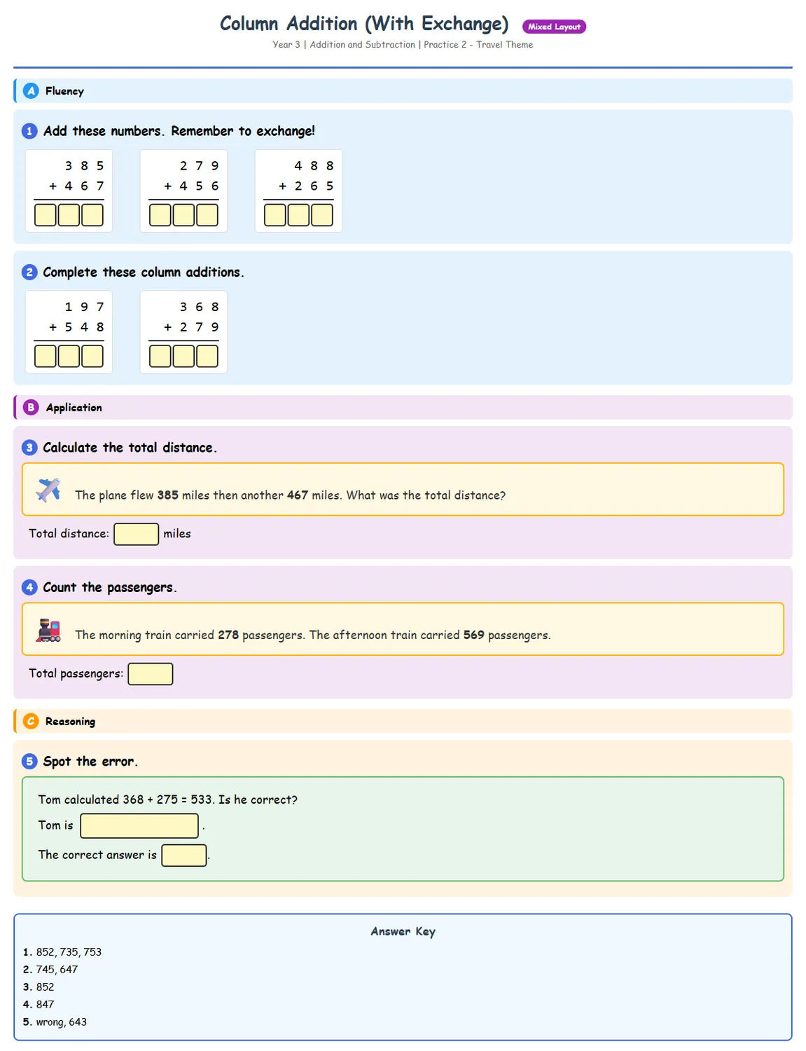 Free Year 3 Column Addition With Exchange Worksheet | Mat...