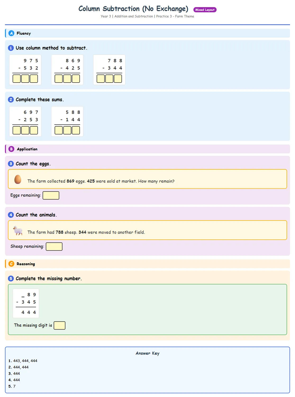 Free Year 3 Column Subtraction No Exchange Worksheet | Ma...