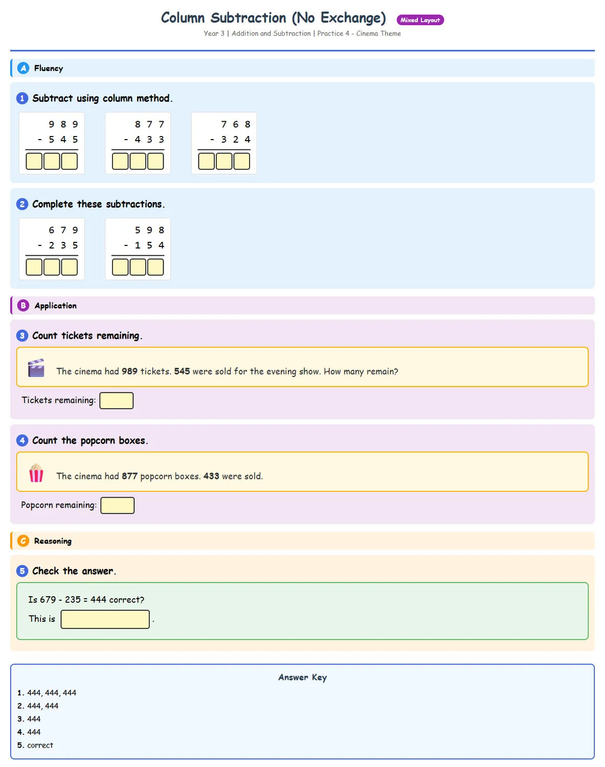 Free Year 3 Column Subtraction No Exchange Worksheet | Ma...