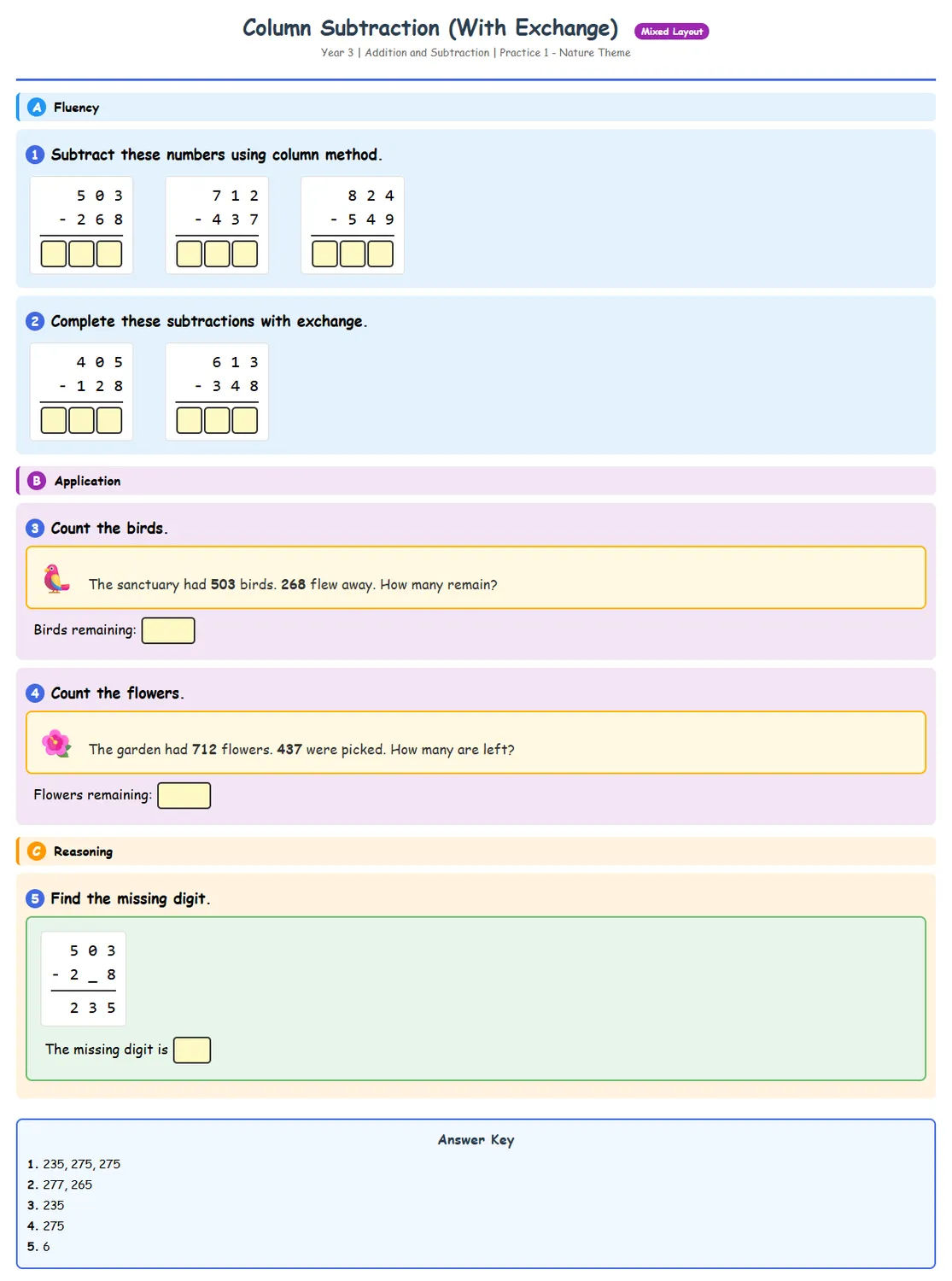 Free Year 3 Column Subtraction With Exchange Worksheet