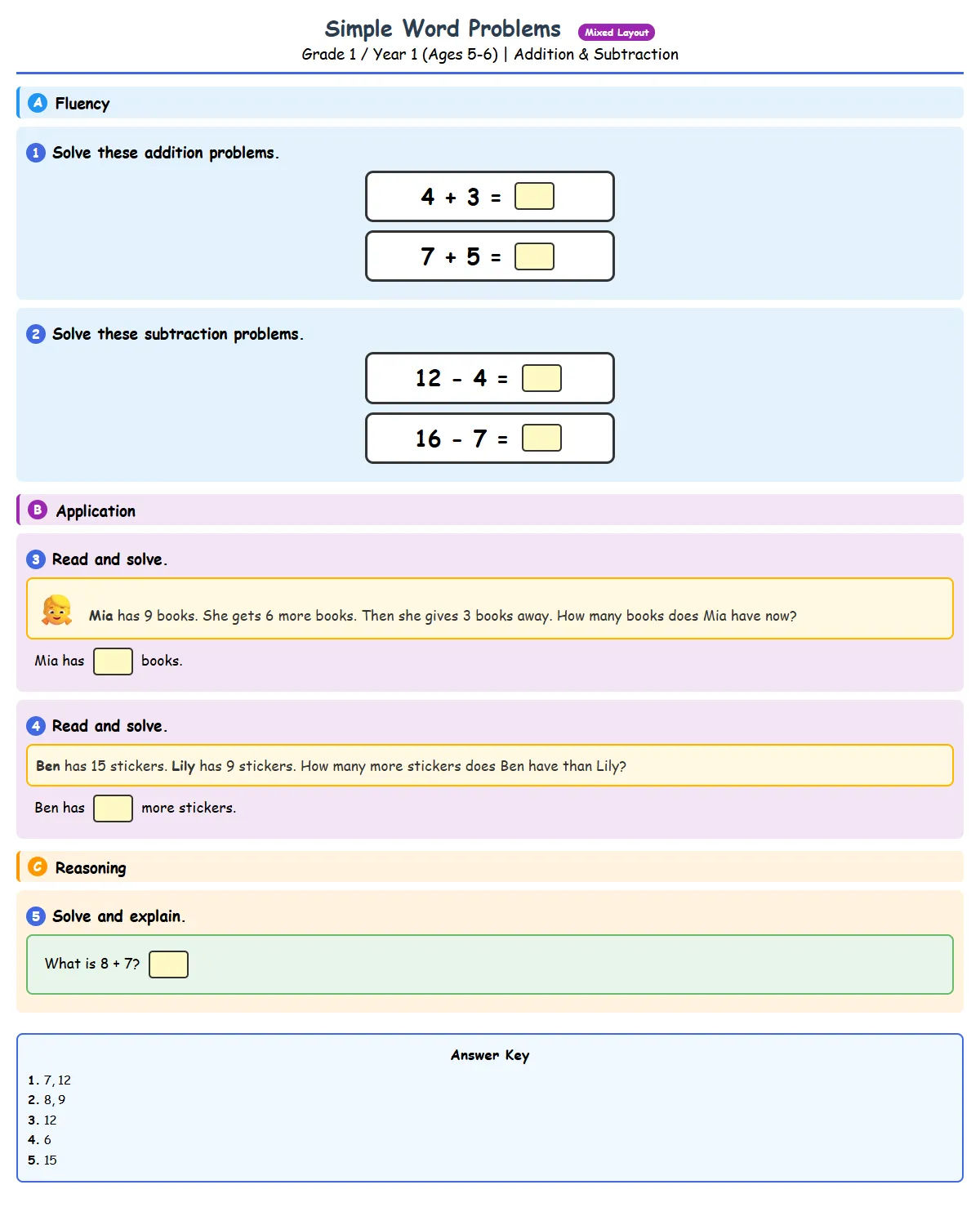 Free Year 1 Word Problems Simple Worksheet | Math Printables