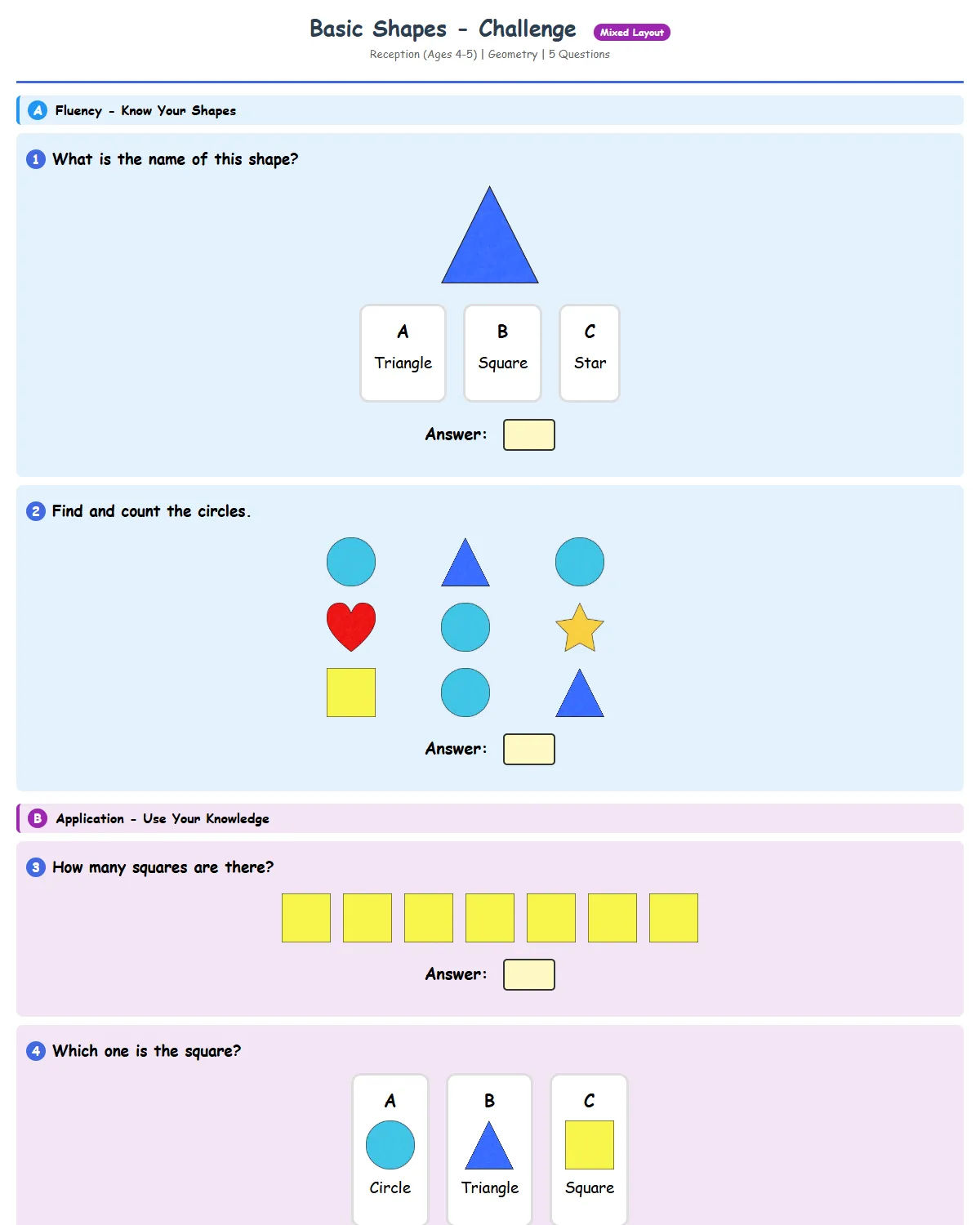 Basic Shapes - Challenge - Free Printable Reception (K...