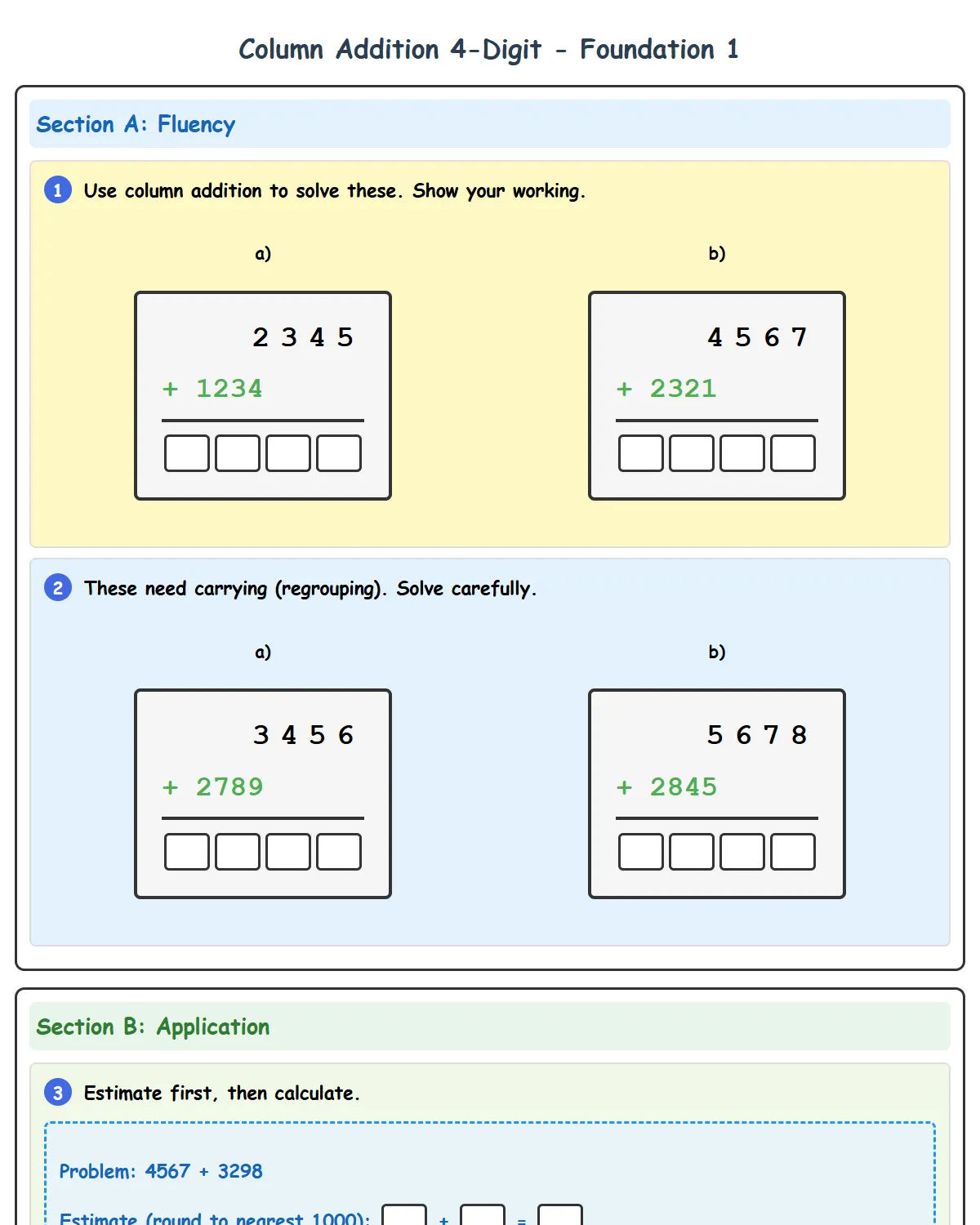 Column Addition 4-Digit Foundation 1 - Basic Addition ...