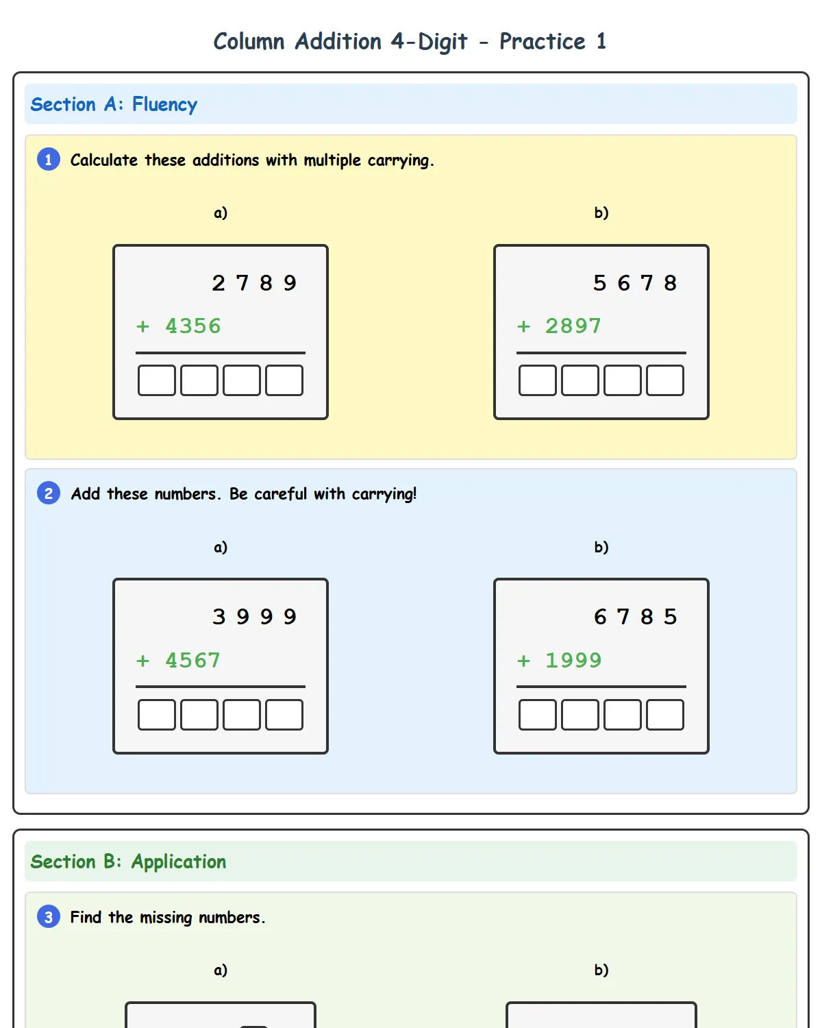 Column Addition 4-Digit Practice 1 - Multiple Carrying...
