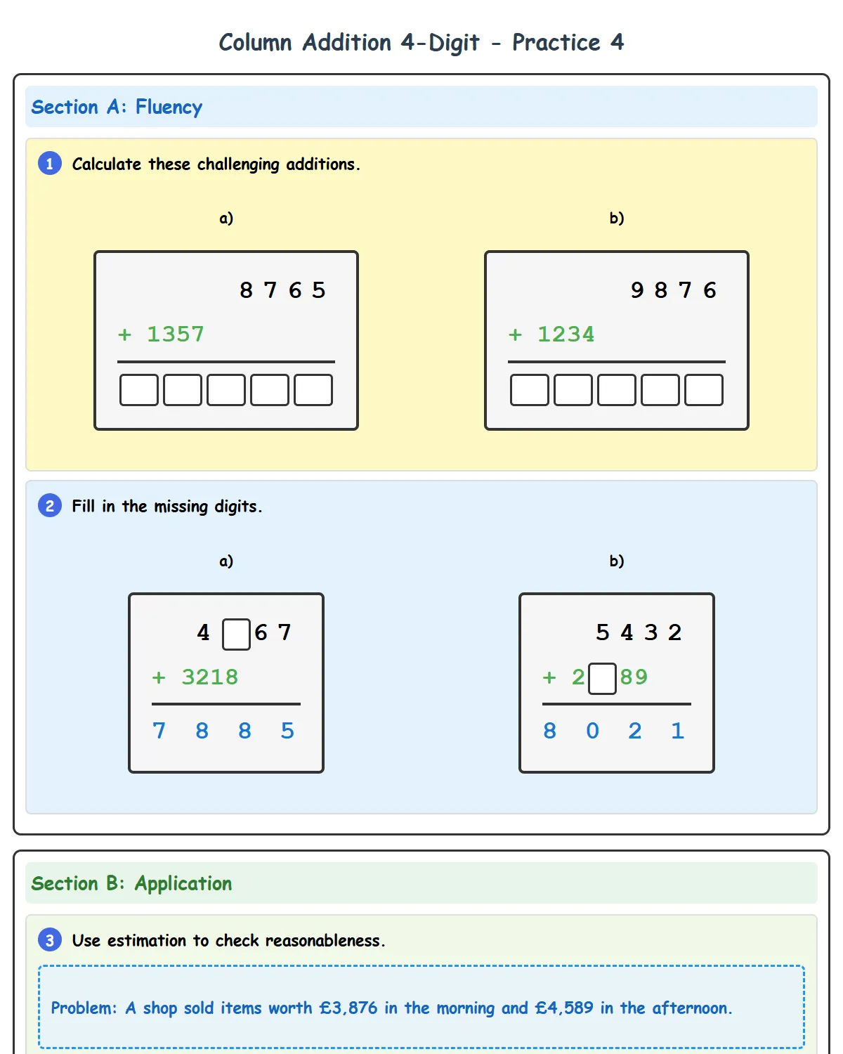 Column Addition 4-Digit Practice 4 - Advanced Reasonin...