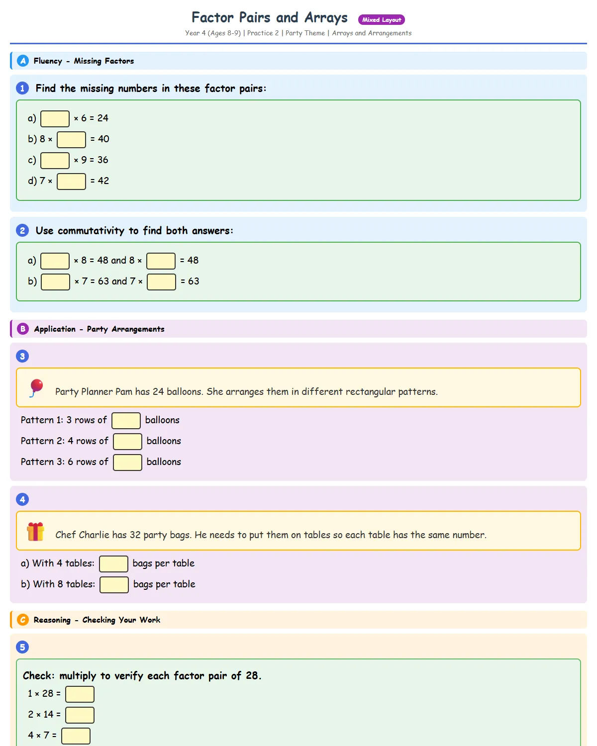 Factor Pairs and Arrays: Practice 2 (Party Theme) - Fr...