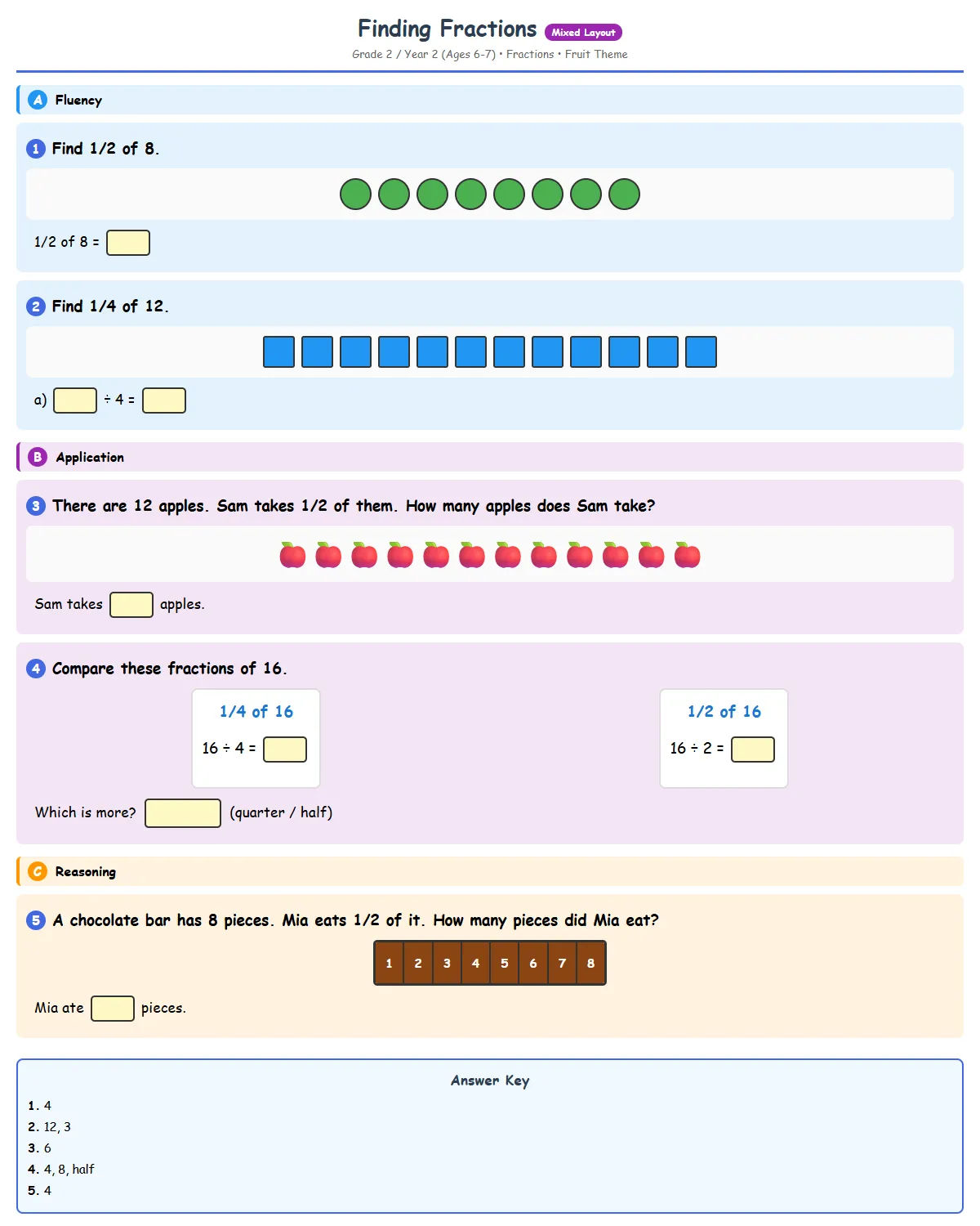 Finding Fractions - Fruit Theme - Free Printable Year ...
