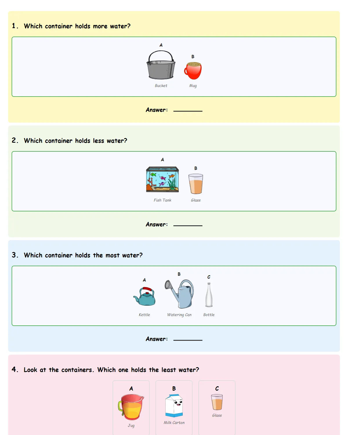 Capacity - Containers - Free Printable Reception (Kind...