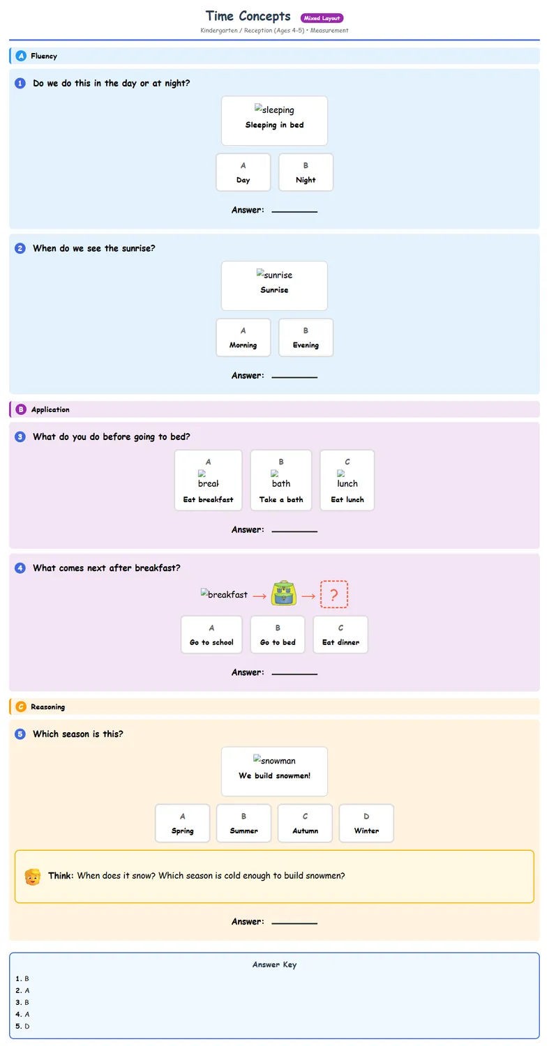 Free Reception Time Concepts Worksheet | Math Printables