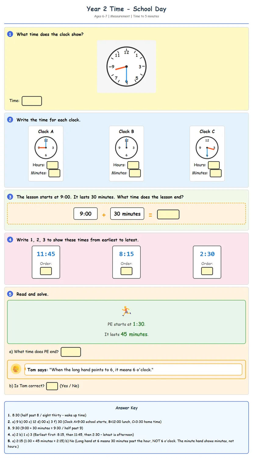 Free Year 2 Time Worksheet | Math Printables