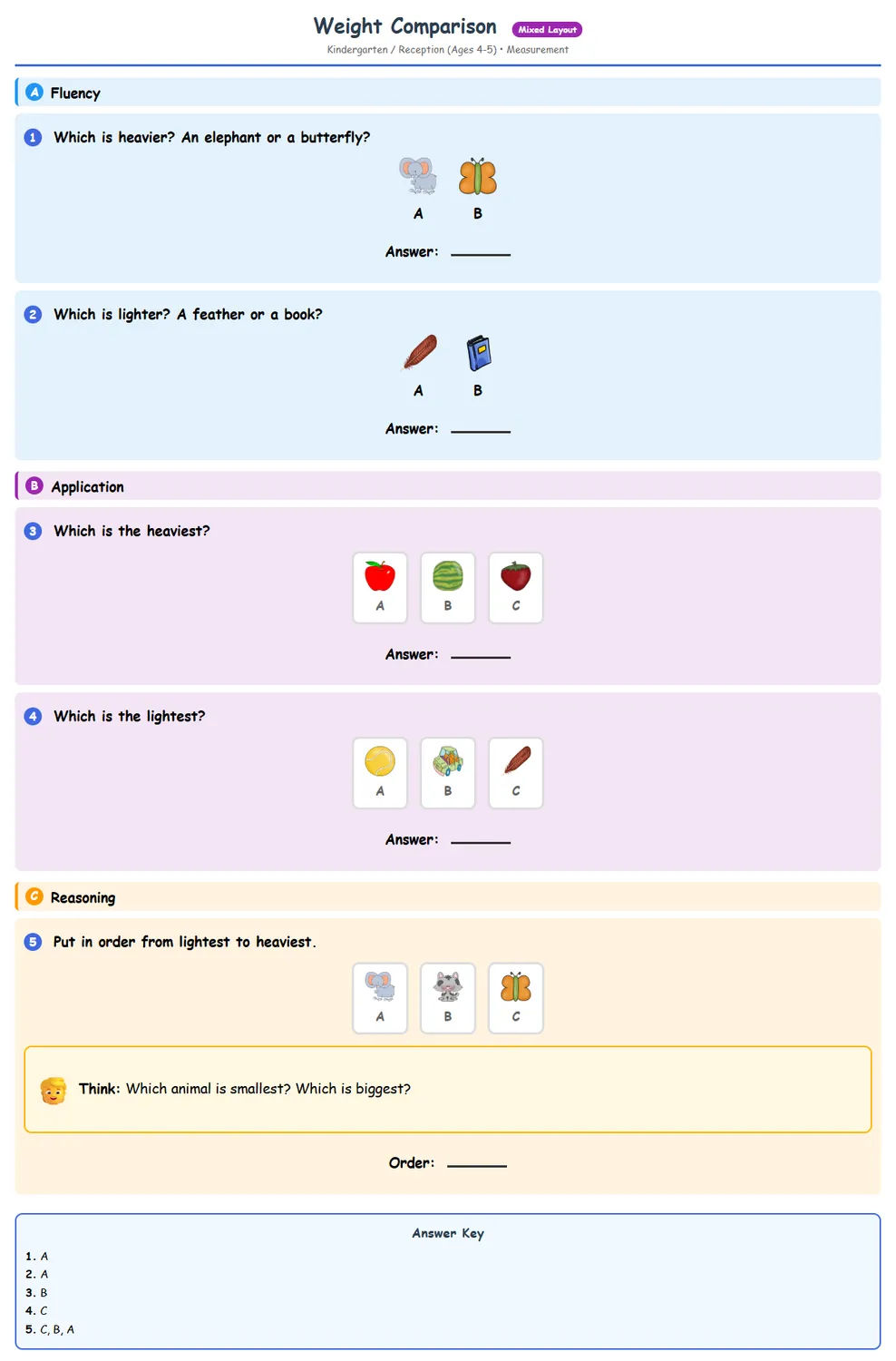 Free Reception Weight Comparison Worksheet | Math Printables