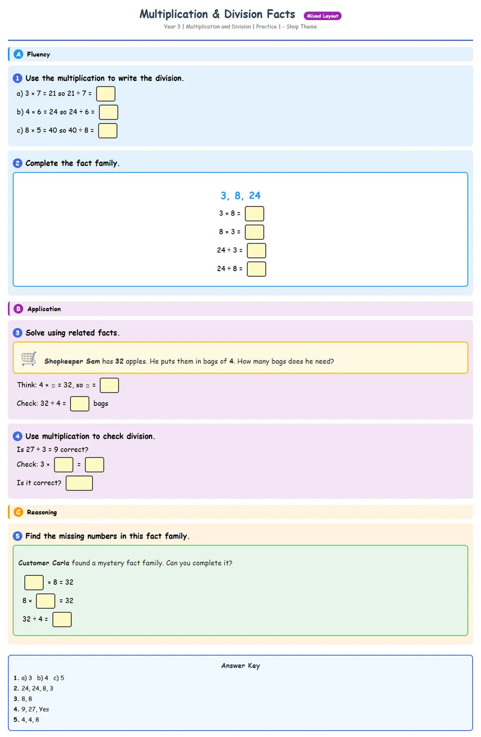 Free Year 3 Multiplication Division Facts Worksheet | Mat...