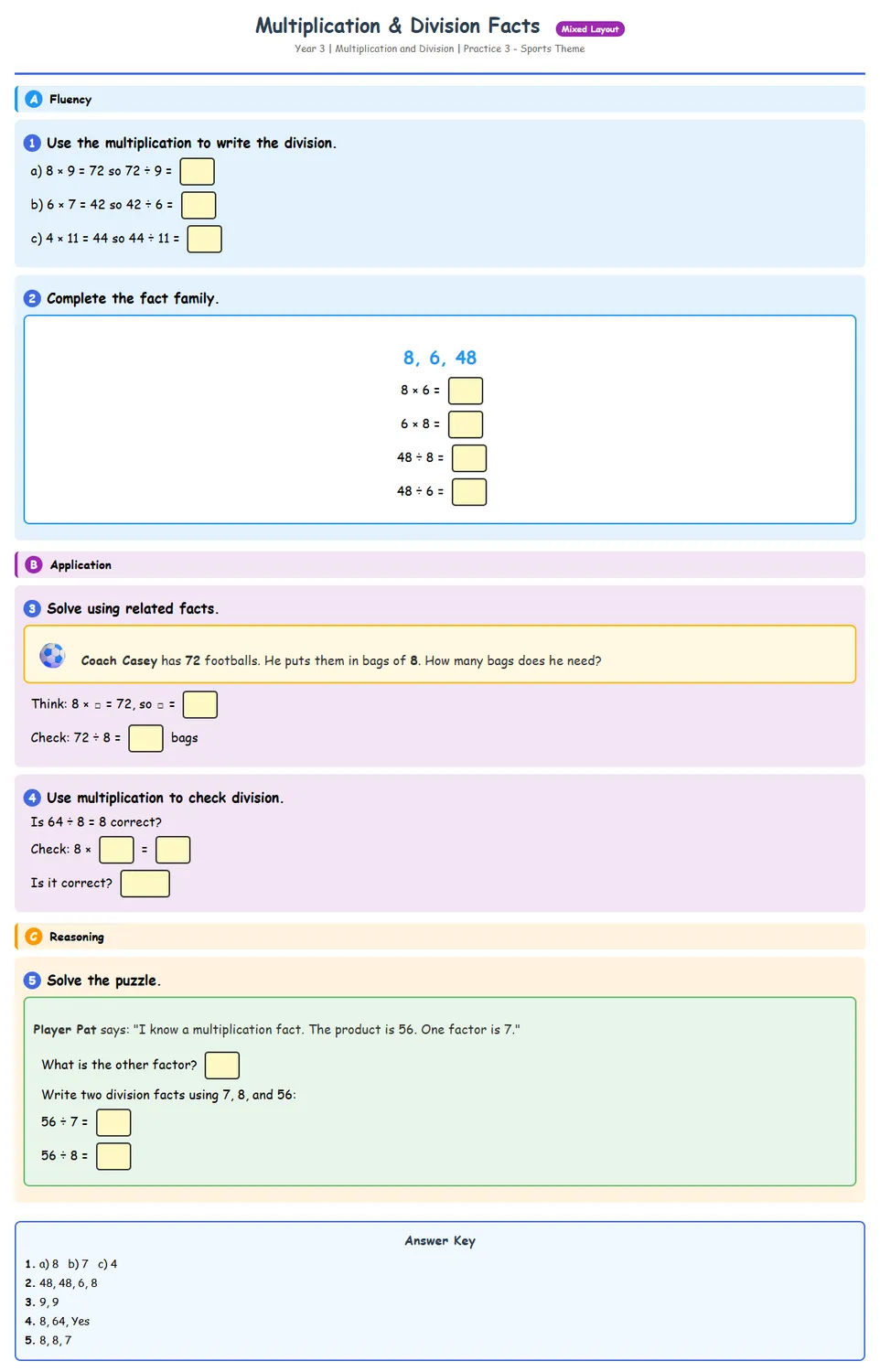 Free Multiplication & Division Facts Printables for Grade 3 / Year 3