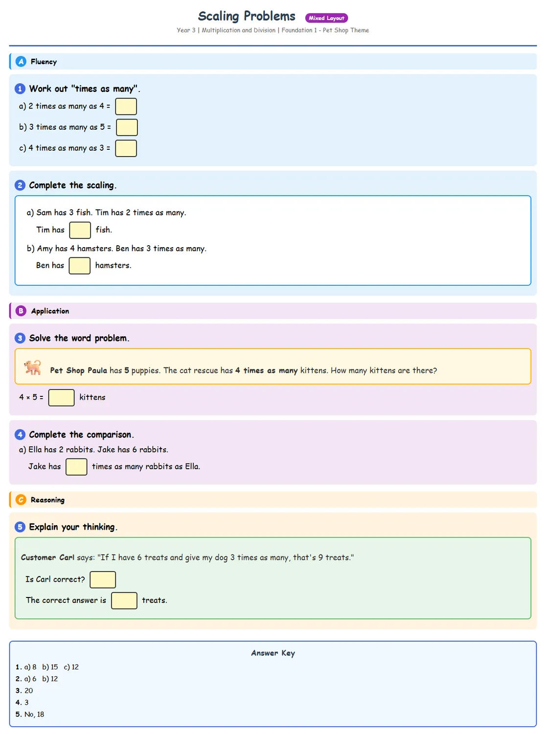 Free Year 3 Scaling Problems Worksheet | Math Printables