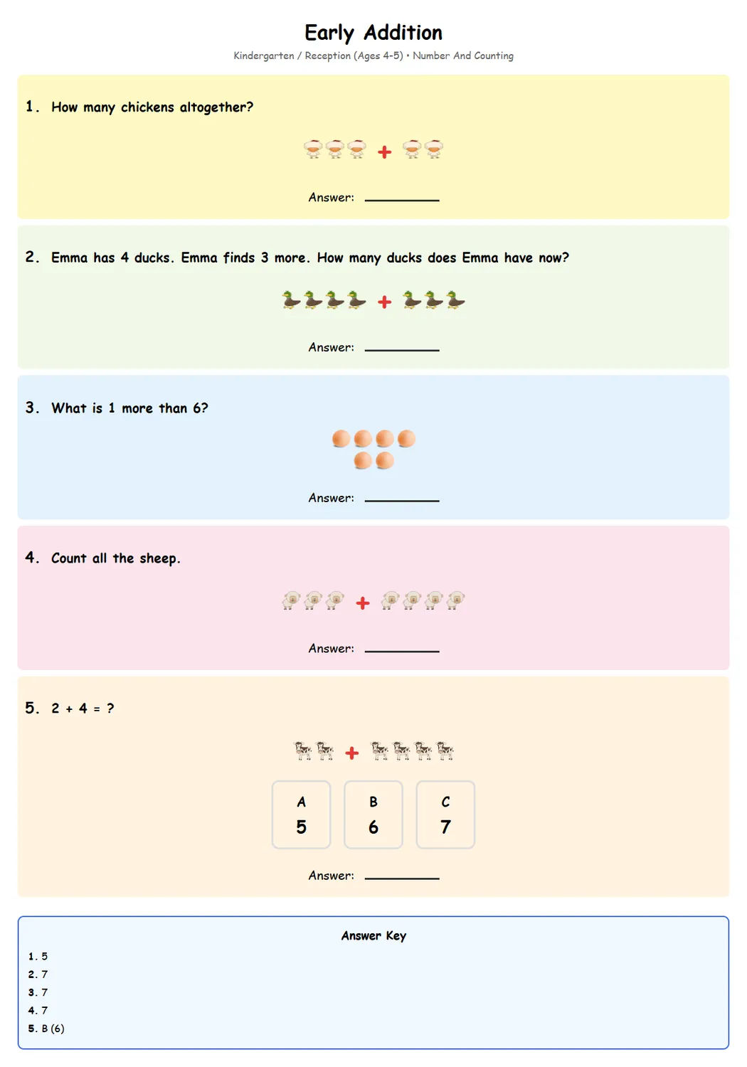Free Reception Early Addition Worksheet | Math Printables