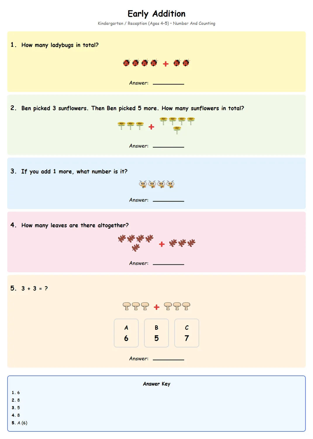 Free Reception Early Addition Worksheet | Math Printables