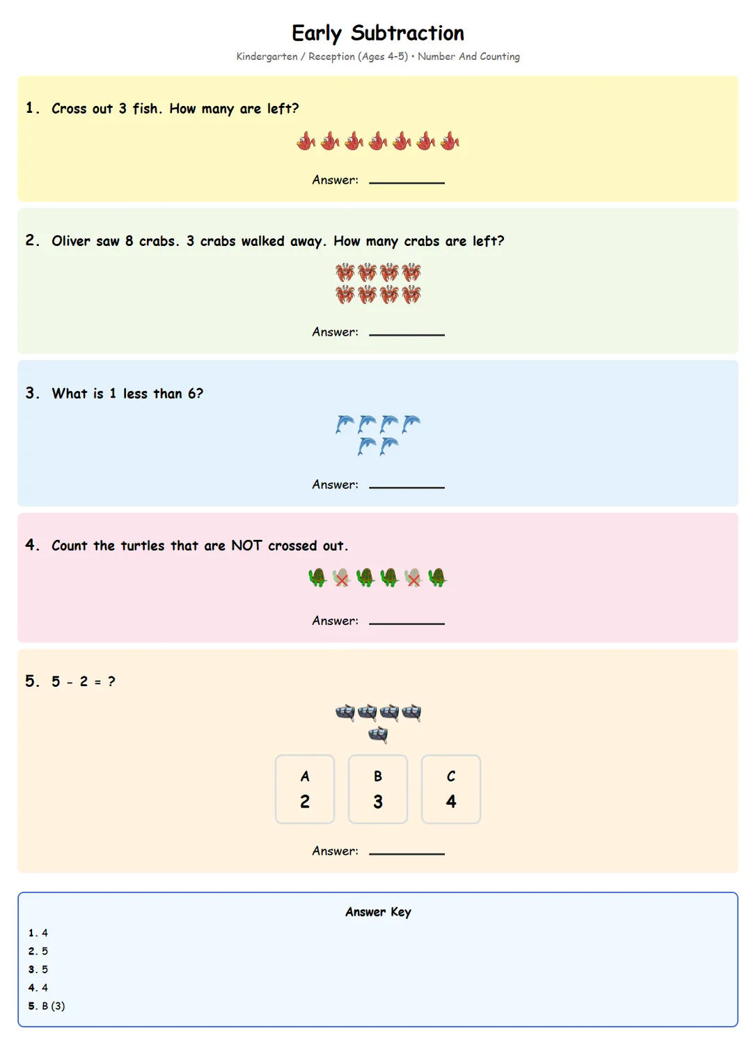 Free Reception Early Subtraction Worksheet | Math Printables