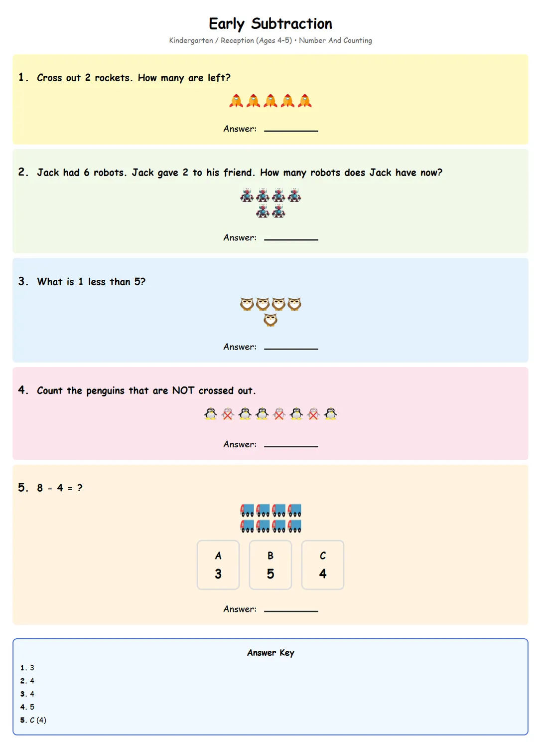 Free Reception Early Subtraction Worksheet | Math Printables