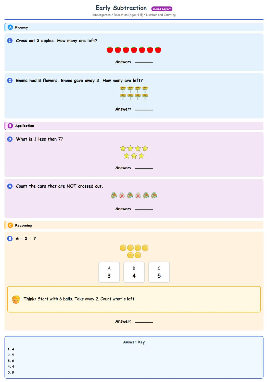 Free Reception Early Subtraction Worksheet | Math Printables