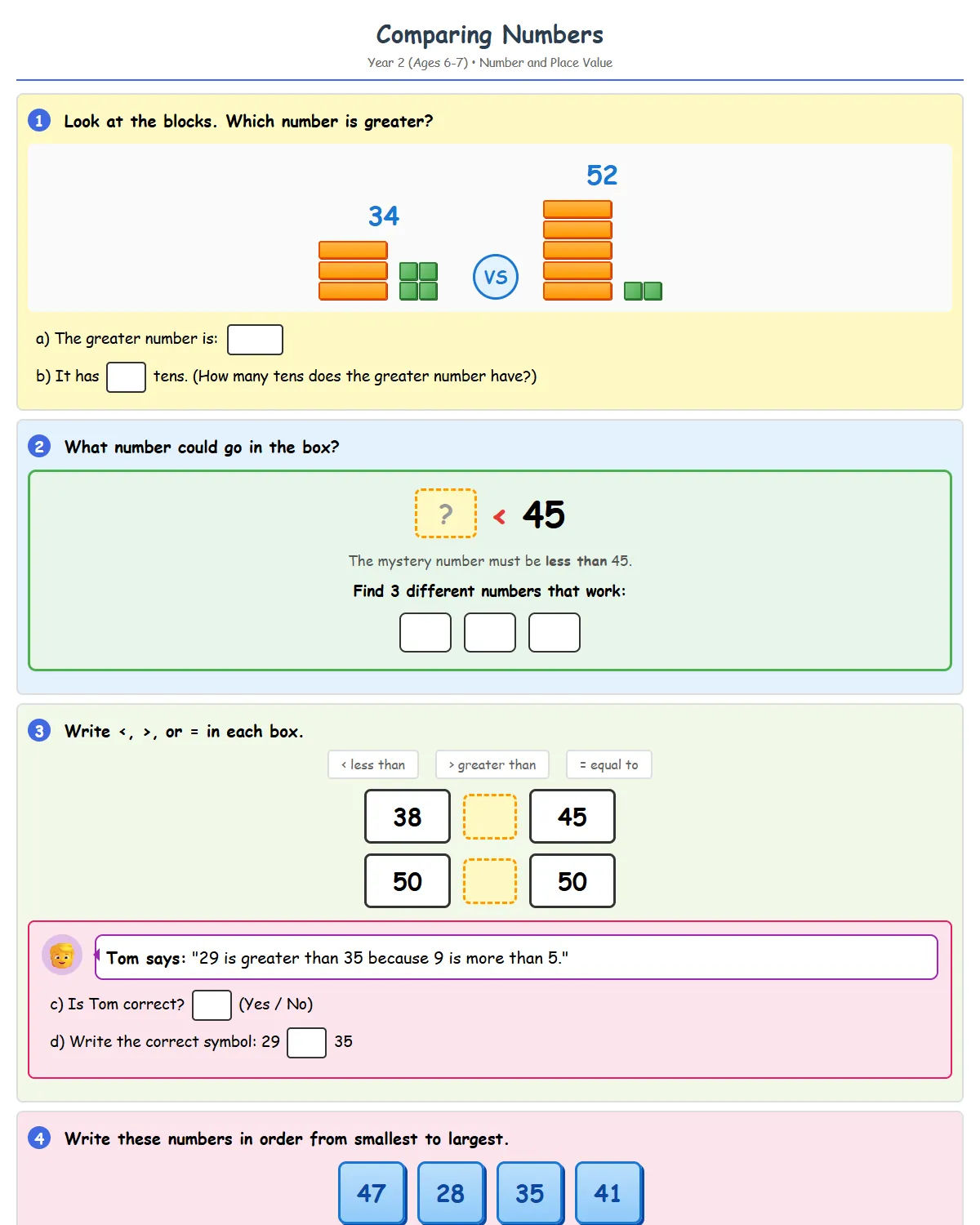 Free Year 2 Comparing Numbers Worksheet | Math Printables
