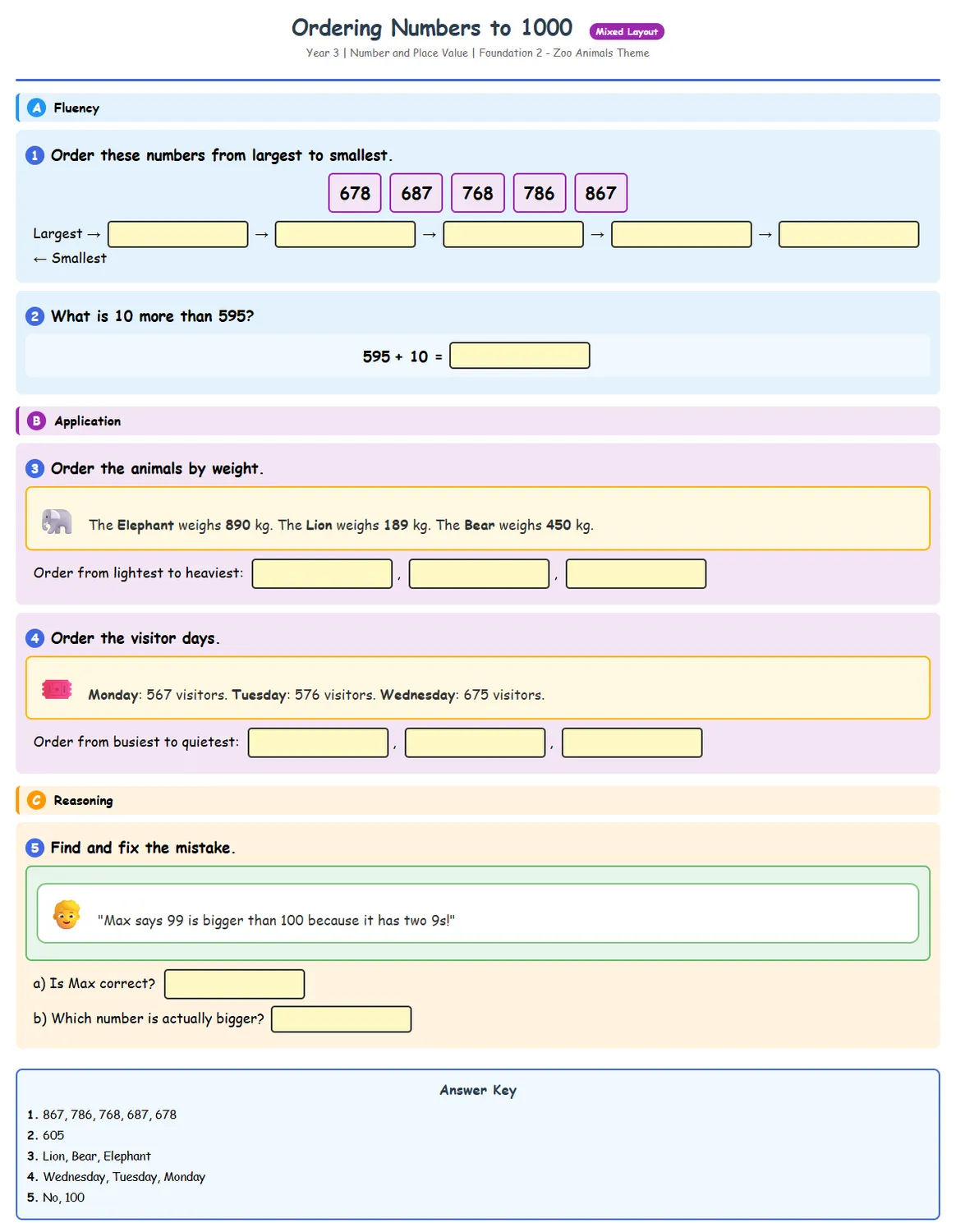 Free Year 3 Ordering Numbers Worksheet | Math Printables