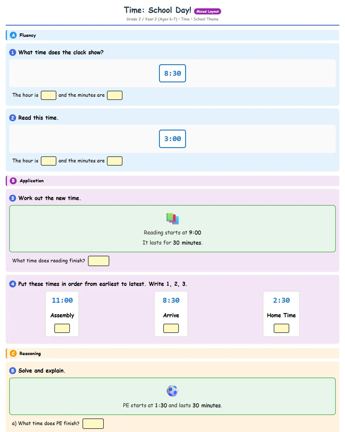 Time: School Day! - Free Printable Year 2 (Grade 2) Wo...